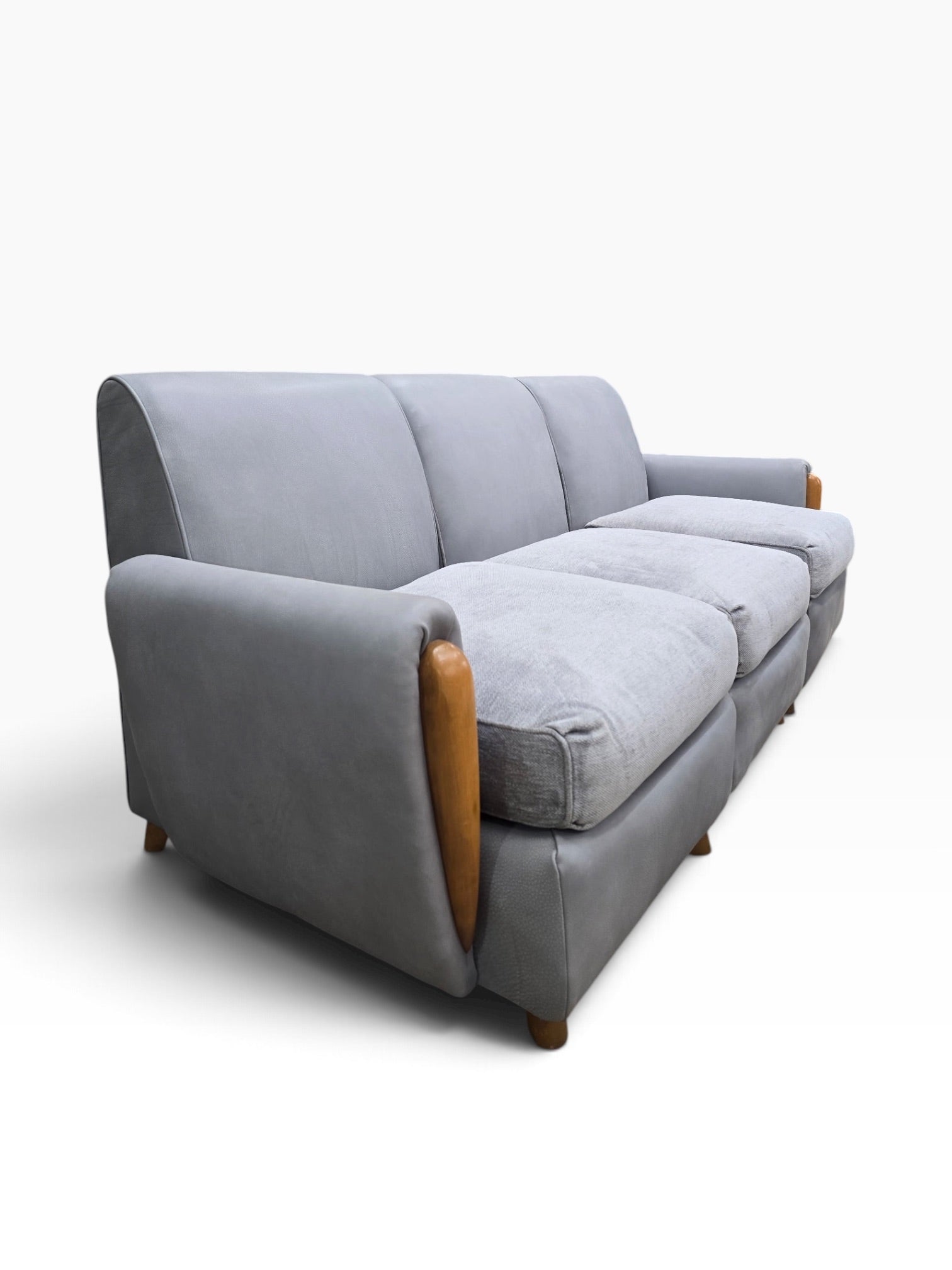 Mid Century Modern Heywood Wakefield Modular Sectional Sofa Newly Reupholstered in Powder Blue Holly Hunt Leather
