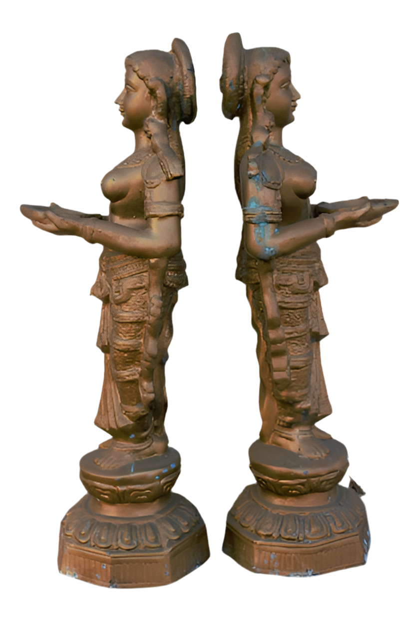 Vintage Bronze "Deep Lady" Lakshmi Welcome Statues - Set of 2