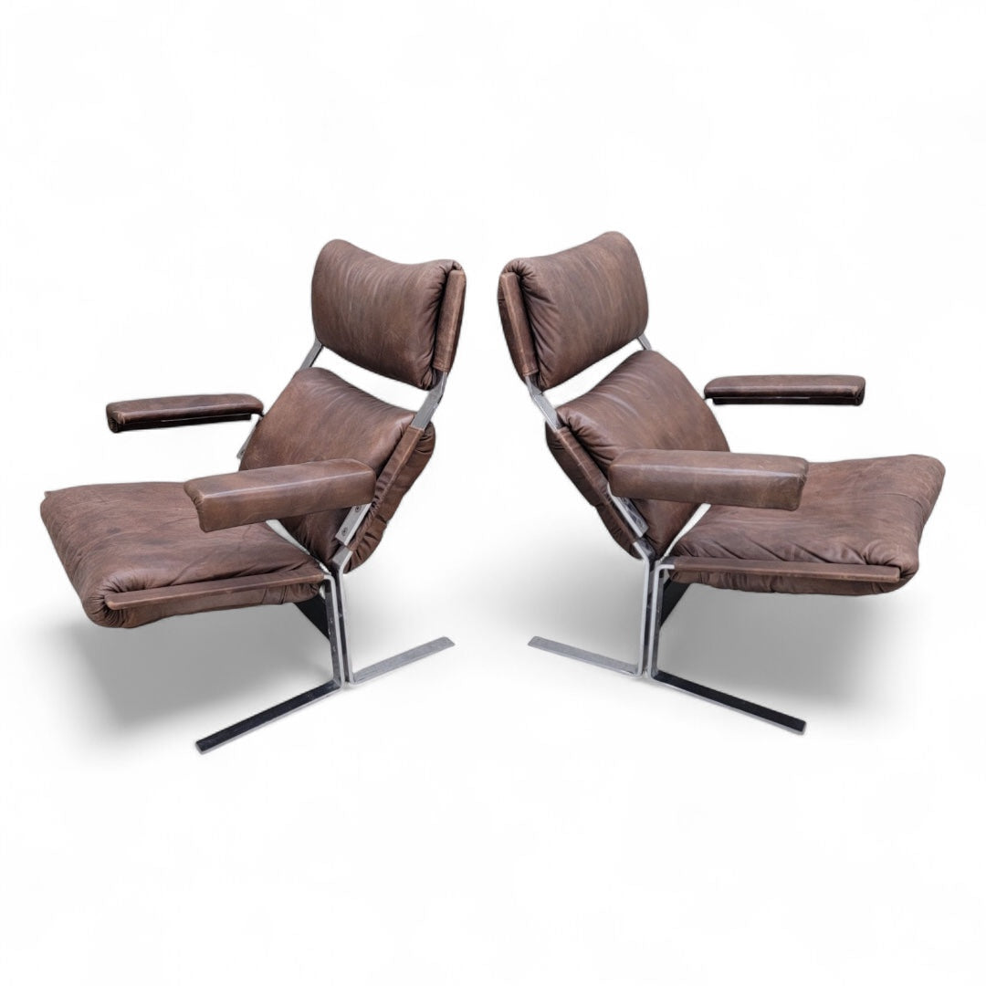 Mid Century Modern Richard Hersberger Brown Leather and Chromium Lounge Chairs and Ottoman