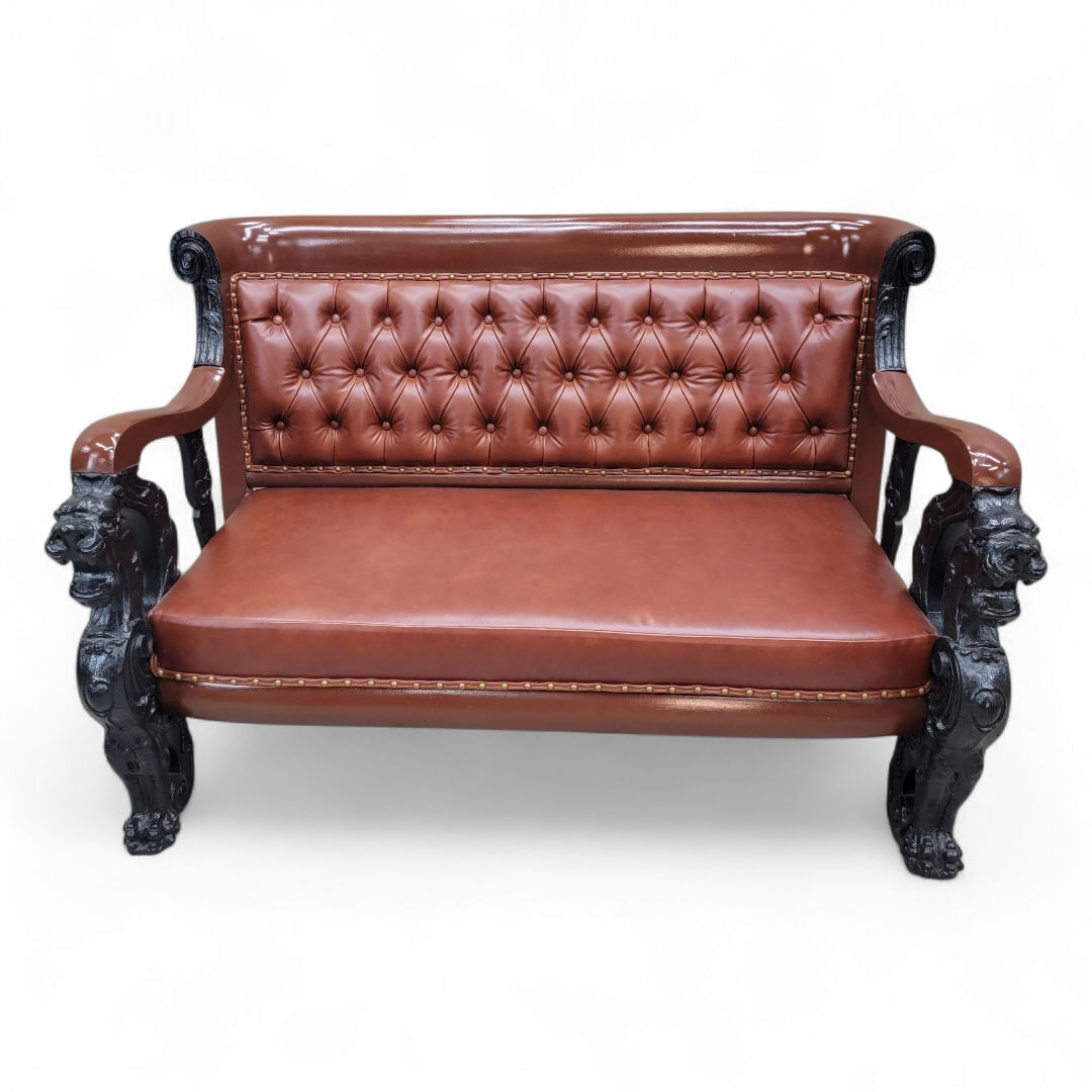 Antique R.J. Horner Style Carved Winged Griffin Tufted Parlor Set Newly Restored & Reupholstered in Leather - 3 Piece Set