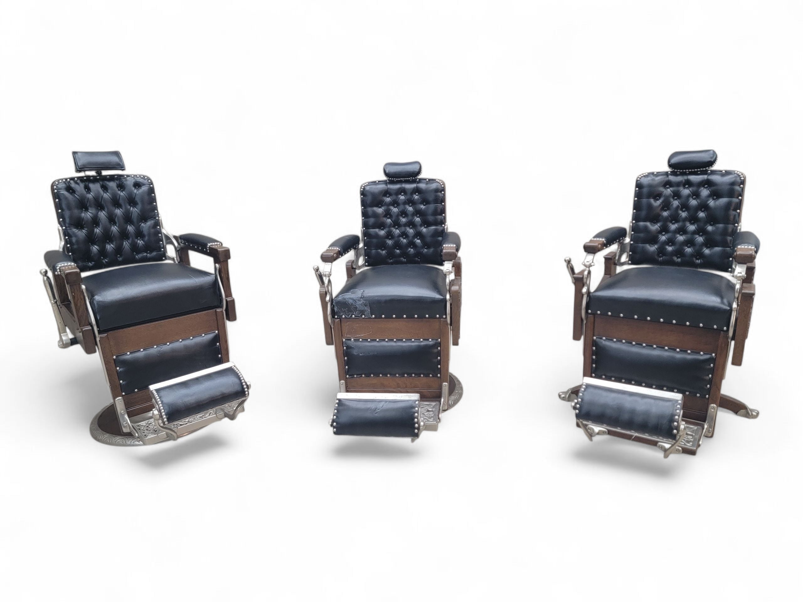 Antique Koken Restored Quartersawn Oak Barber Chairs in Black Leather – Set of 3