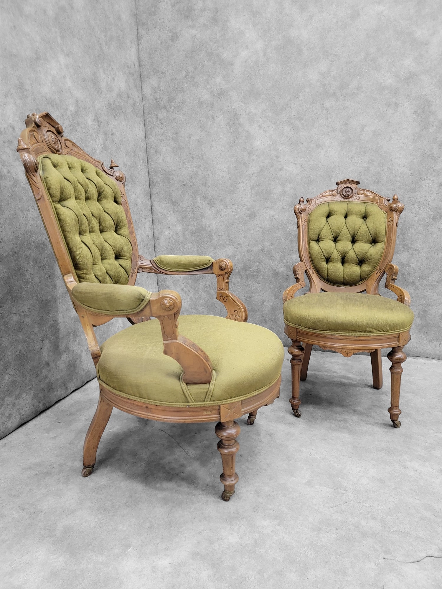 Antique Victorian John Jelliff Style Carved Ornate His and Hers Tufted Parlor Chairs - Set of 2