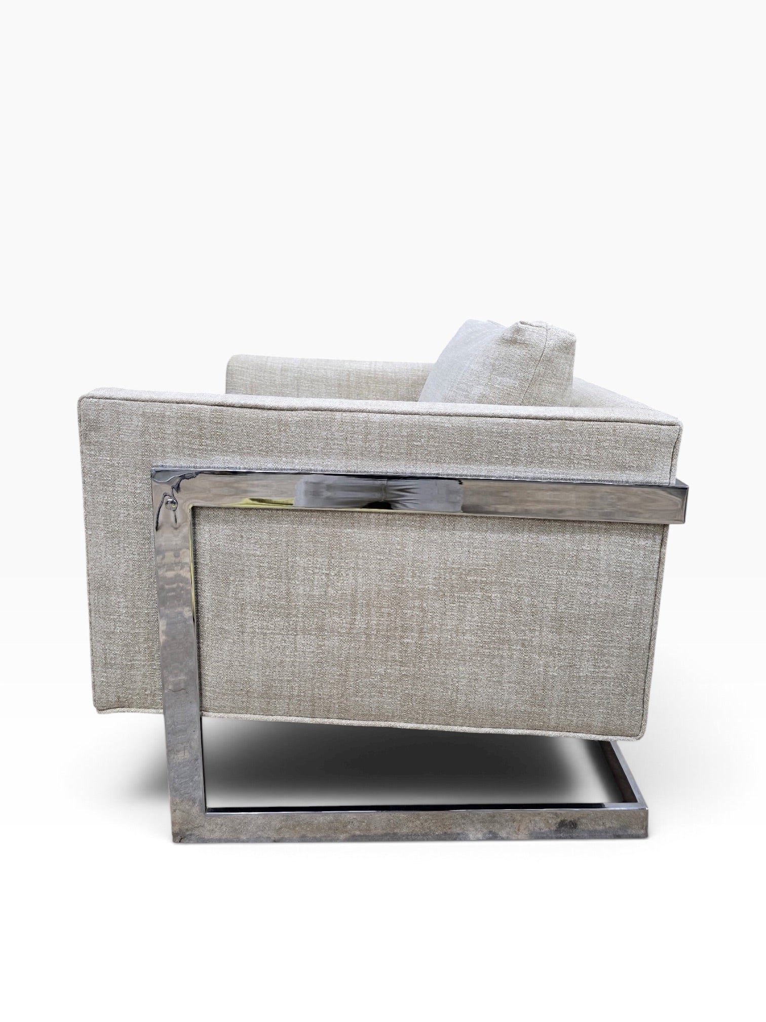 Mid Century Modern Milo Baughman Chrome Flat Bar Cantilever Club Chairs Newly Reupholstered in Natural Linen – Pair