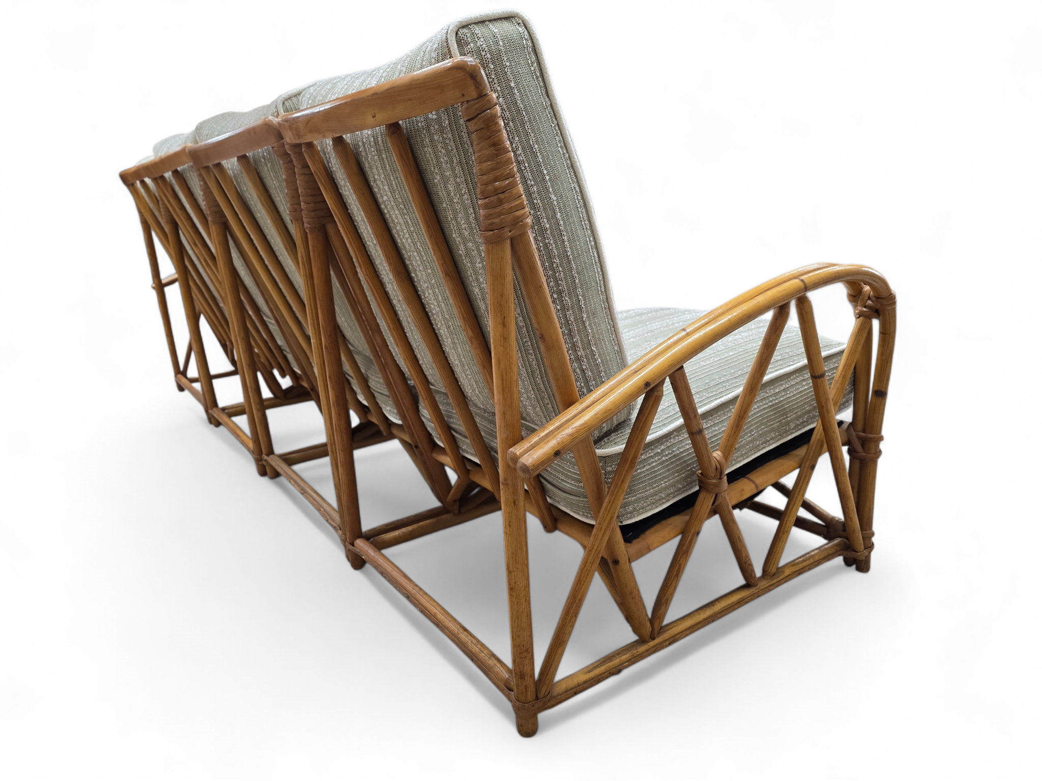 New - Mid Century Modern Coastal Bamboo 4 Piece Modular Sectional Sofa Newly Reupholstered with Two Tier Bamboo Side Tables by Heywood Wakefield