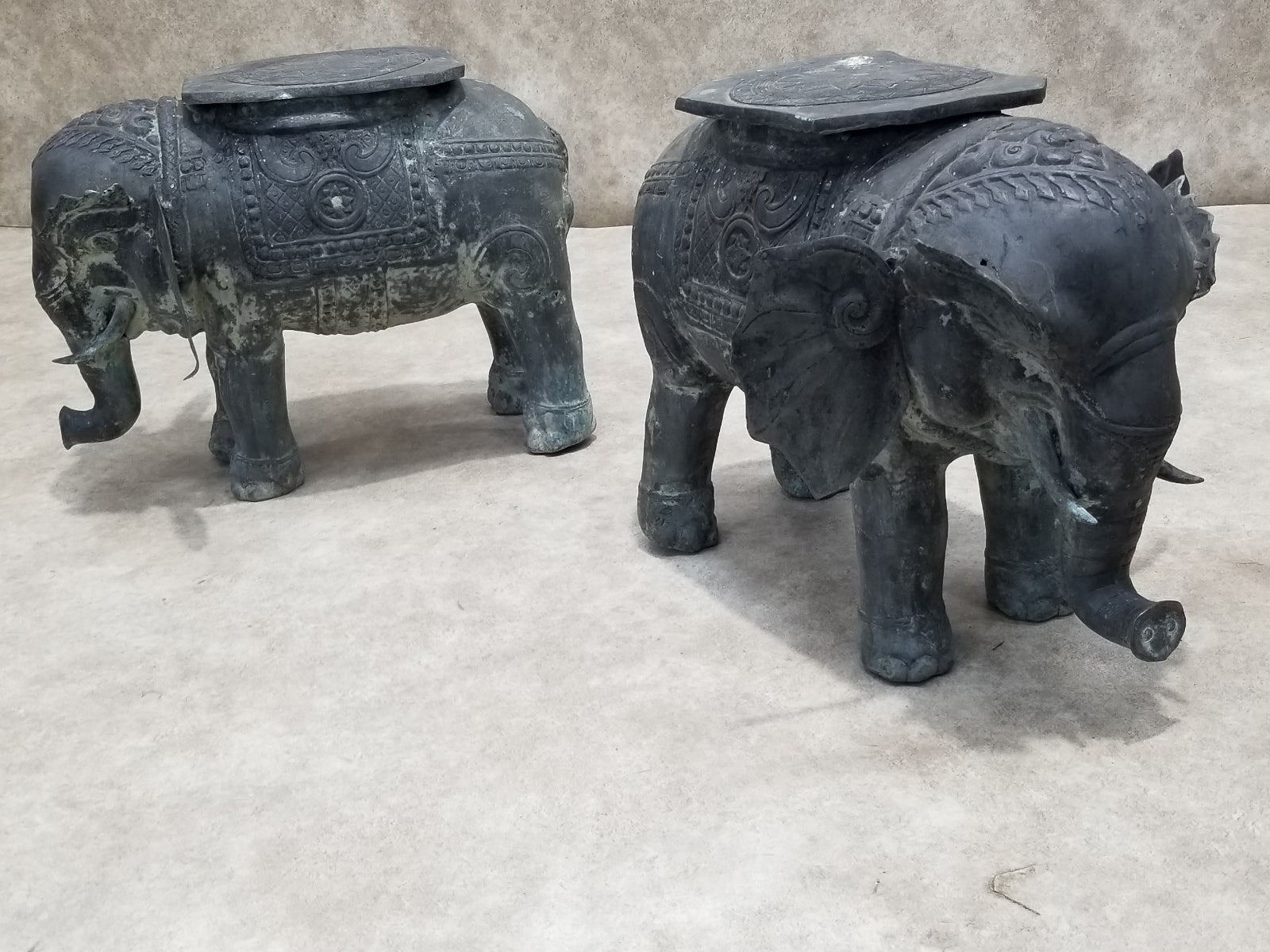 Antique Balinese Hammered Bronze Saddled Elephant Plant-Stand/Cocktail Table - Set of 3