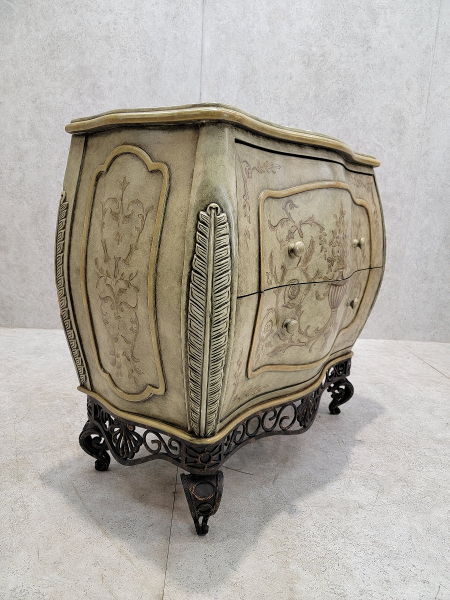 Vintage Italian Venetian Style Hand Painted & Lacquered with Wrought-Iron Base Bombe Chest by Collezione Europa