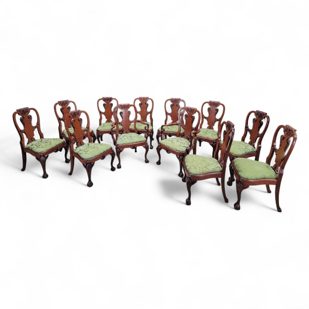 Vintage Queen Anne Style Carved Mahogany Dining Chairs - Set of 12