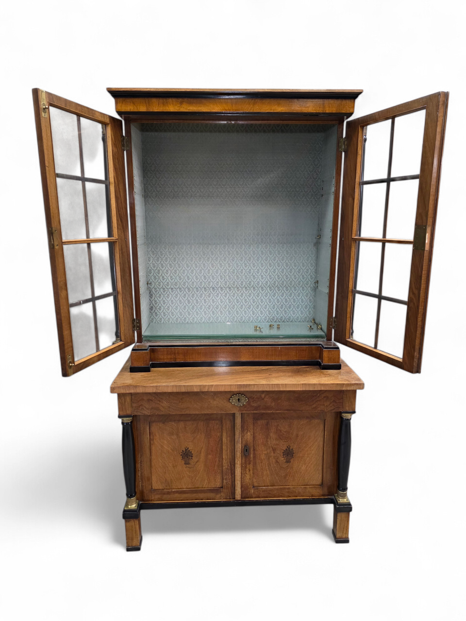 Antique Biedermeier Style Walnut Bookcase Vitrine