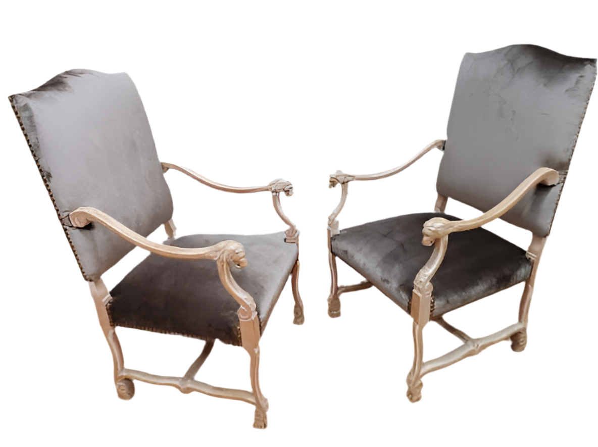 Antique French Carved Figural Chairs Newly Upholstered - Pair