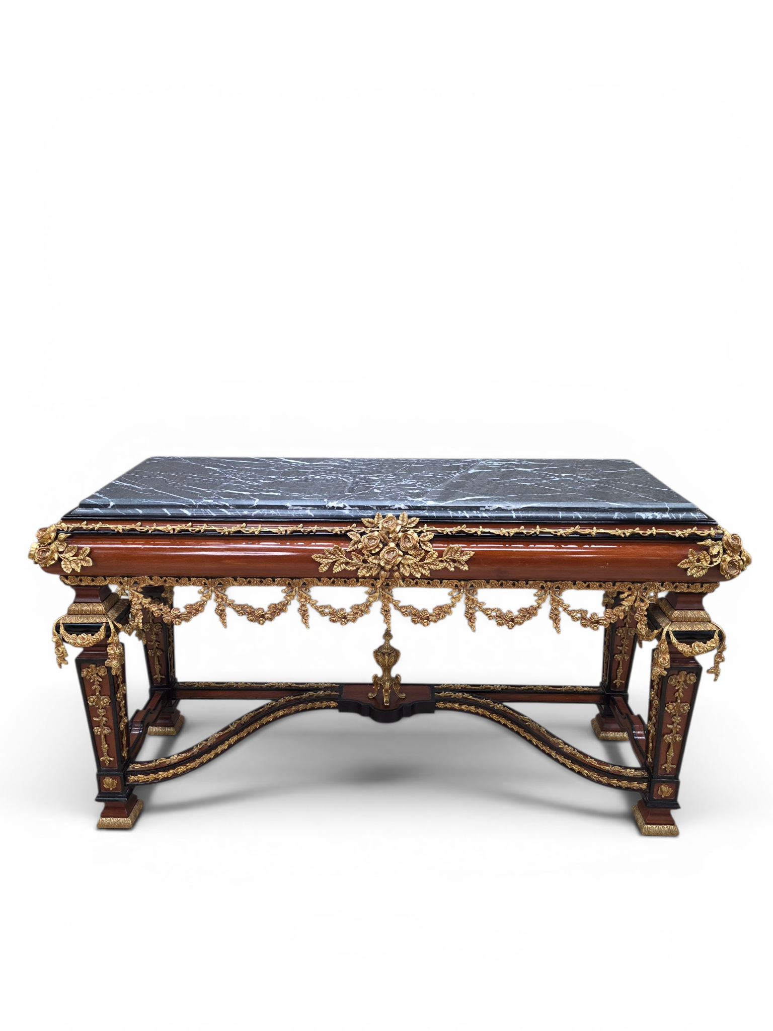 New - Antique French Louis XVI Napoleon III Style Mahogany, Gilt Bronze & Black Marble Console Table with Matching Mirror