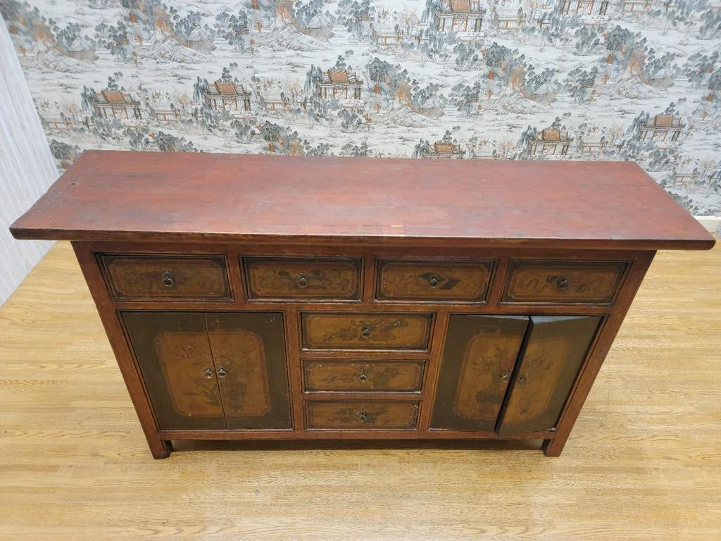 Antique Shanxi Province Red Lacquered & Elmwood Hand Painted Design Sideboard