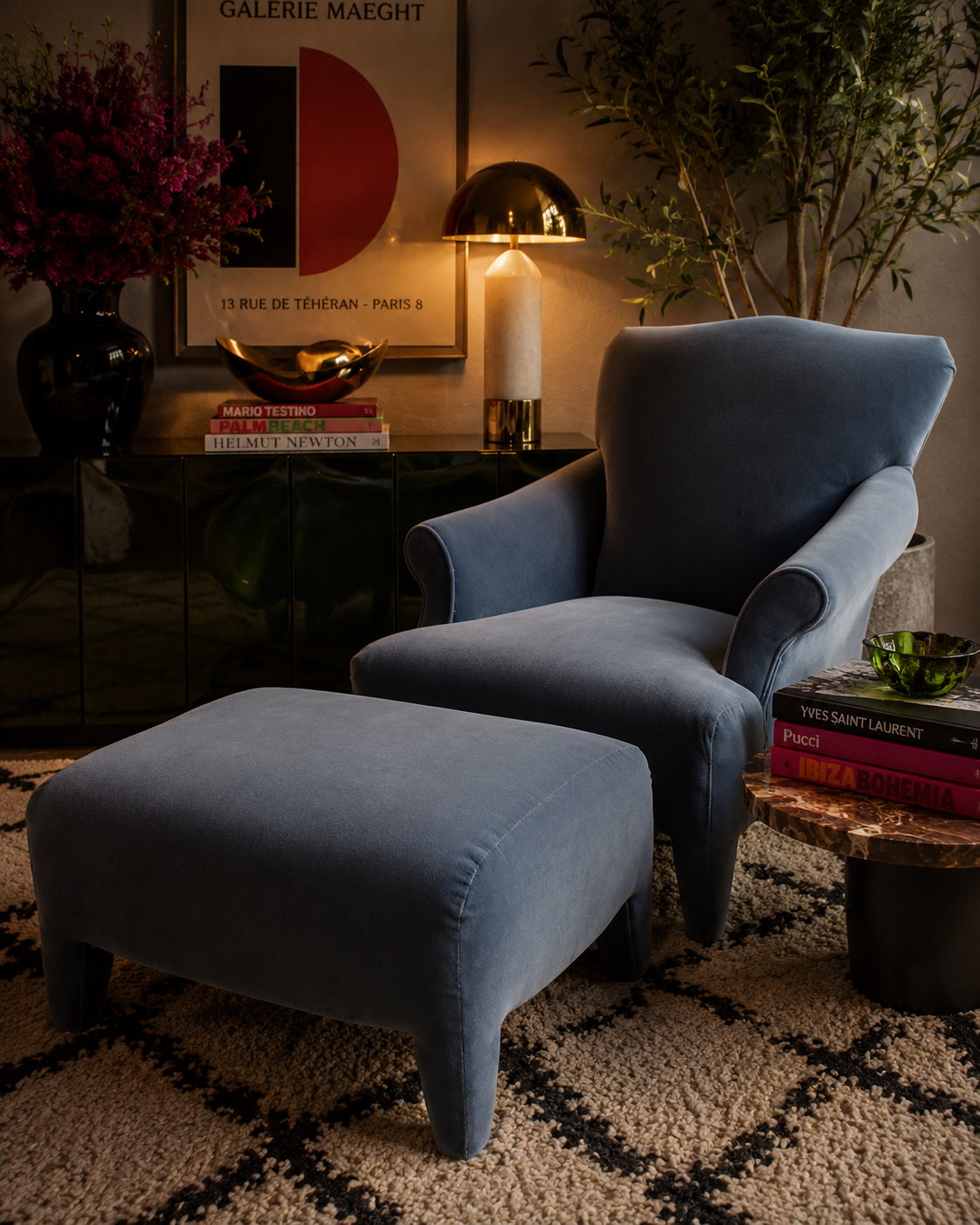 Postmodern Lounge Chair and Ottoman by Donghia Luciano Newly Reupholstered