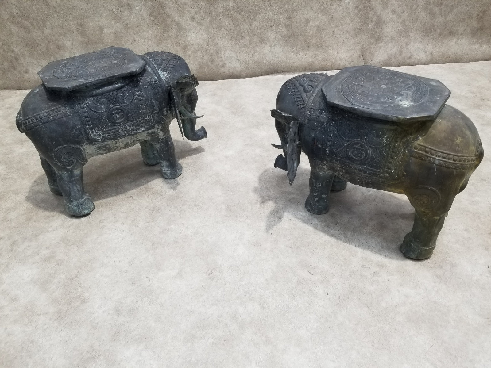 Antique Balinese Hammered Bronze Saddled Elephant Plant-Stand/Cocktail Table - Set of 3