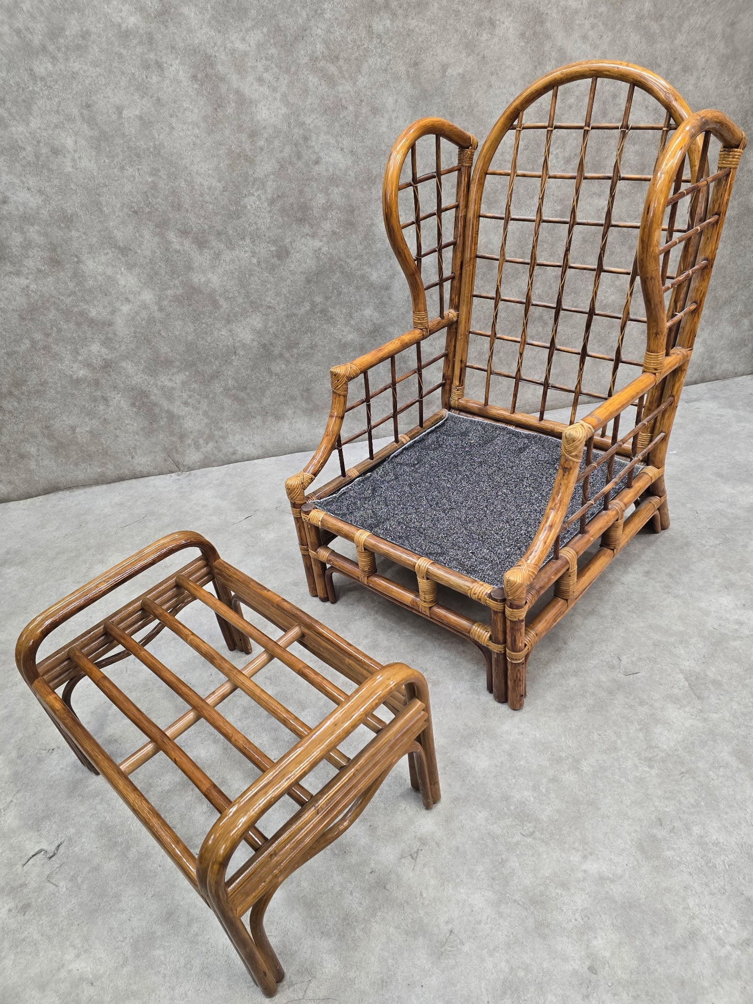 Mid Century Modern Wicker Chair and Ottoman