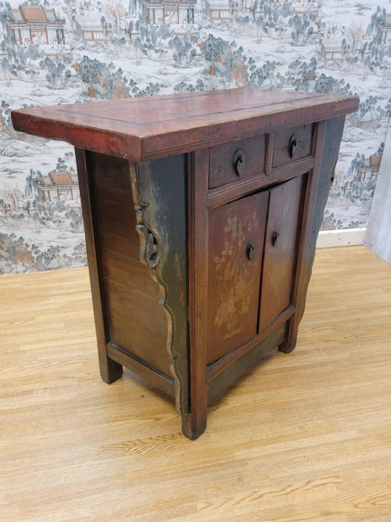 Antique Shanxi Province Winged Red Lacquer Painted Small Cabinet