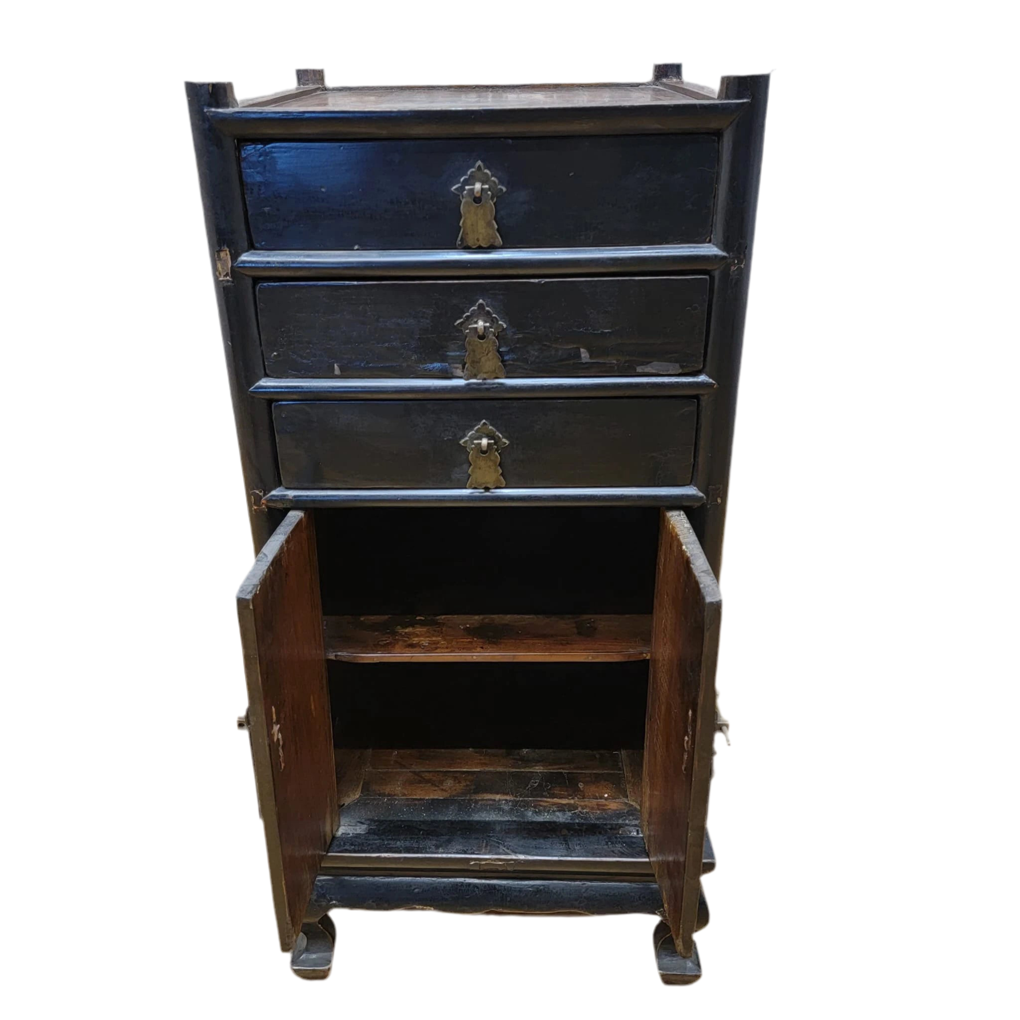 Antique Shanxi Province Elm and Black Lacquer Nightstand / Side Table with Storage