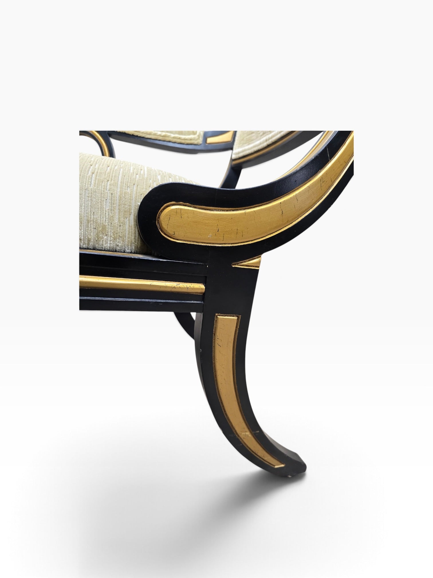 Regency Style Ebonized Armchairs by Baker Newly Reupholstered in a Gold Chenille Fabric - Pair