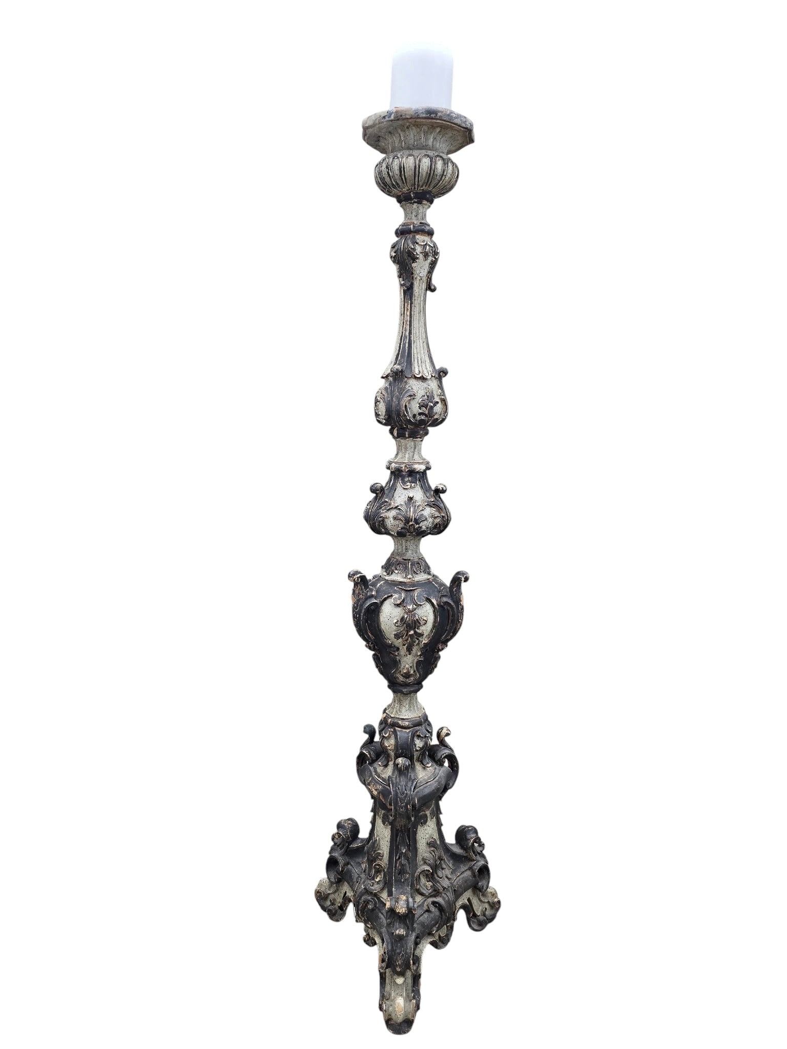 Italian Baroque Revival Monumental Carved Polychrome & Gilt Floor Candlestick