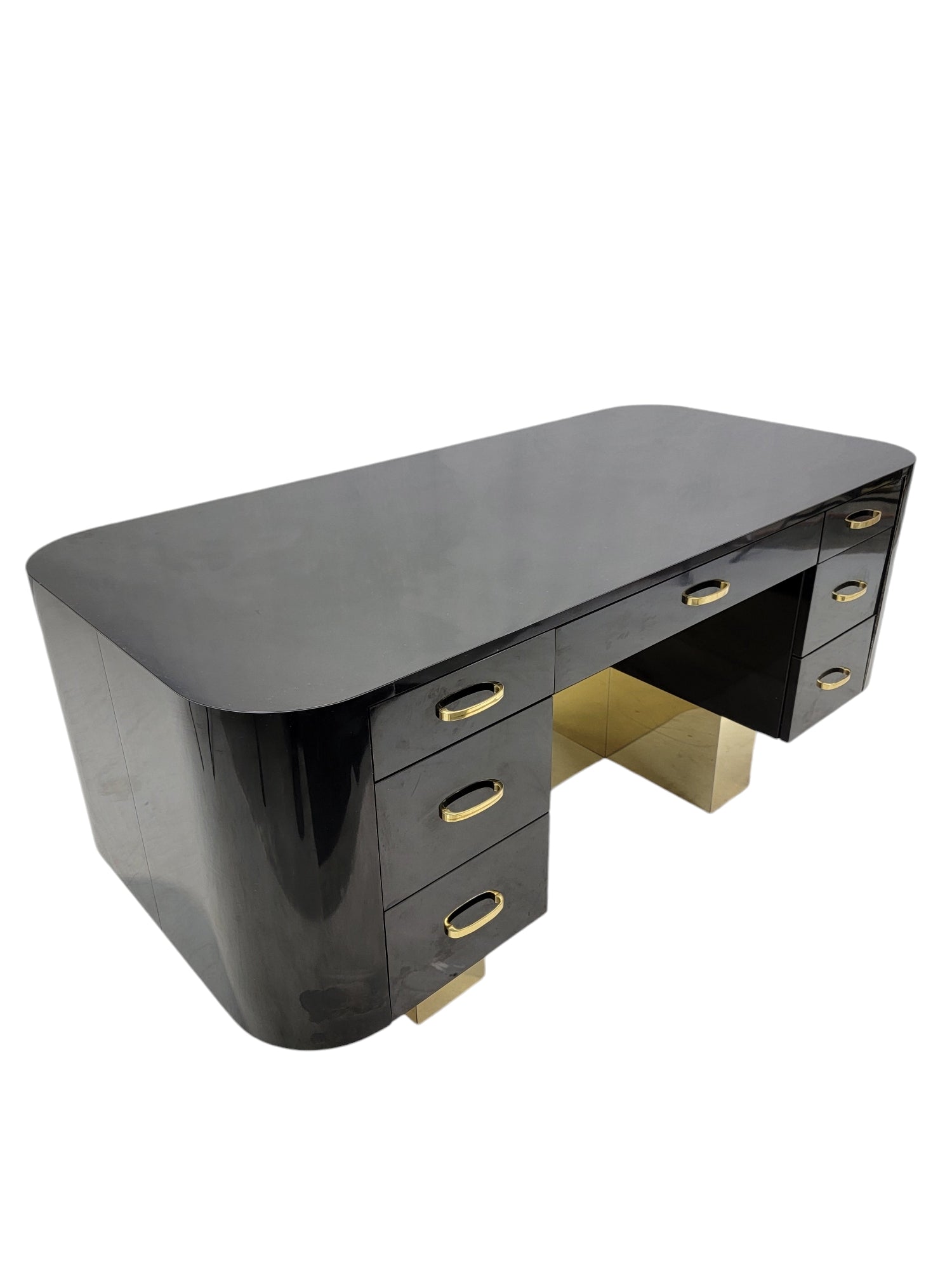 New - Vintage Postmodern French Art Deco Styled Black Lacquer and Brass Curved  Executive Desk