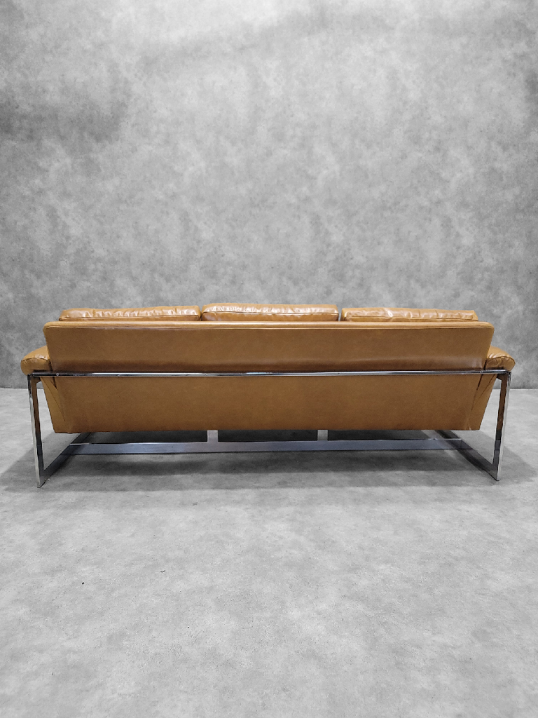 NEW - Mid-Century Milo Cruisin' Styled Chrome Flat-Bar 3 Seat Newly Custom Upholstered in Distressed Cognac Italian Leather