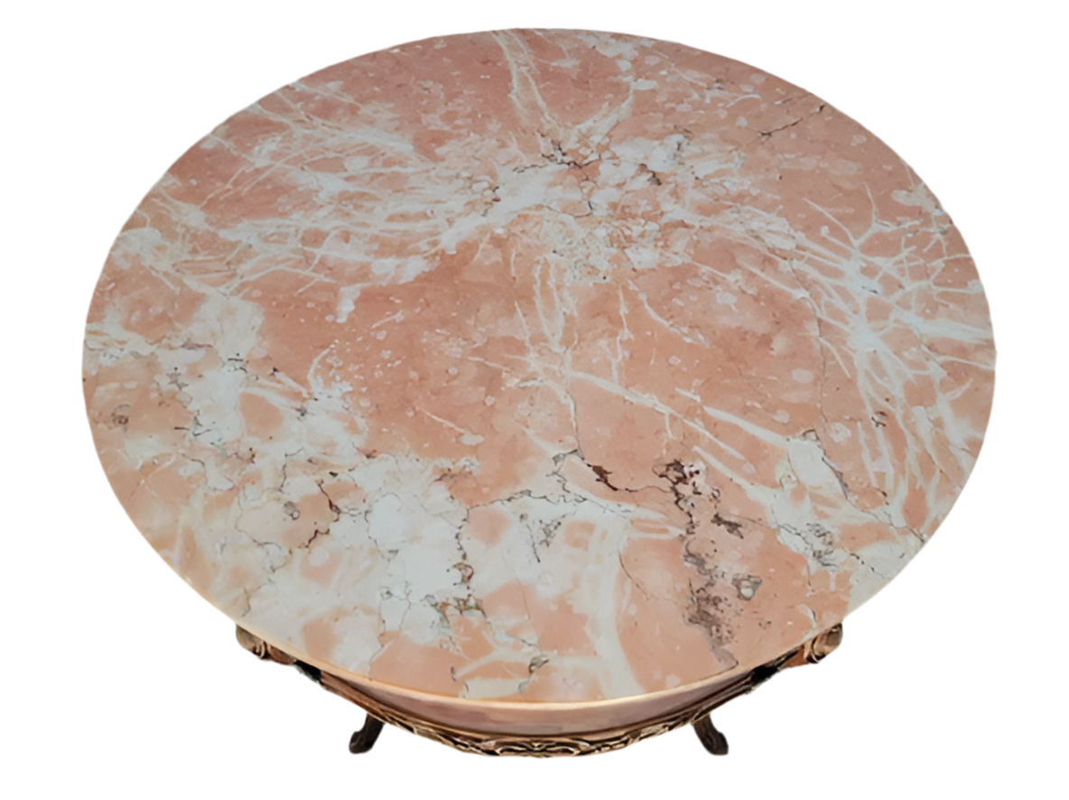 Antique Victorian Round Carved Inlaid Side Table with Pink Marble Top and Two Drawers