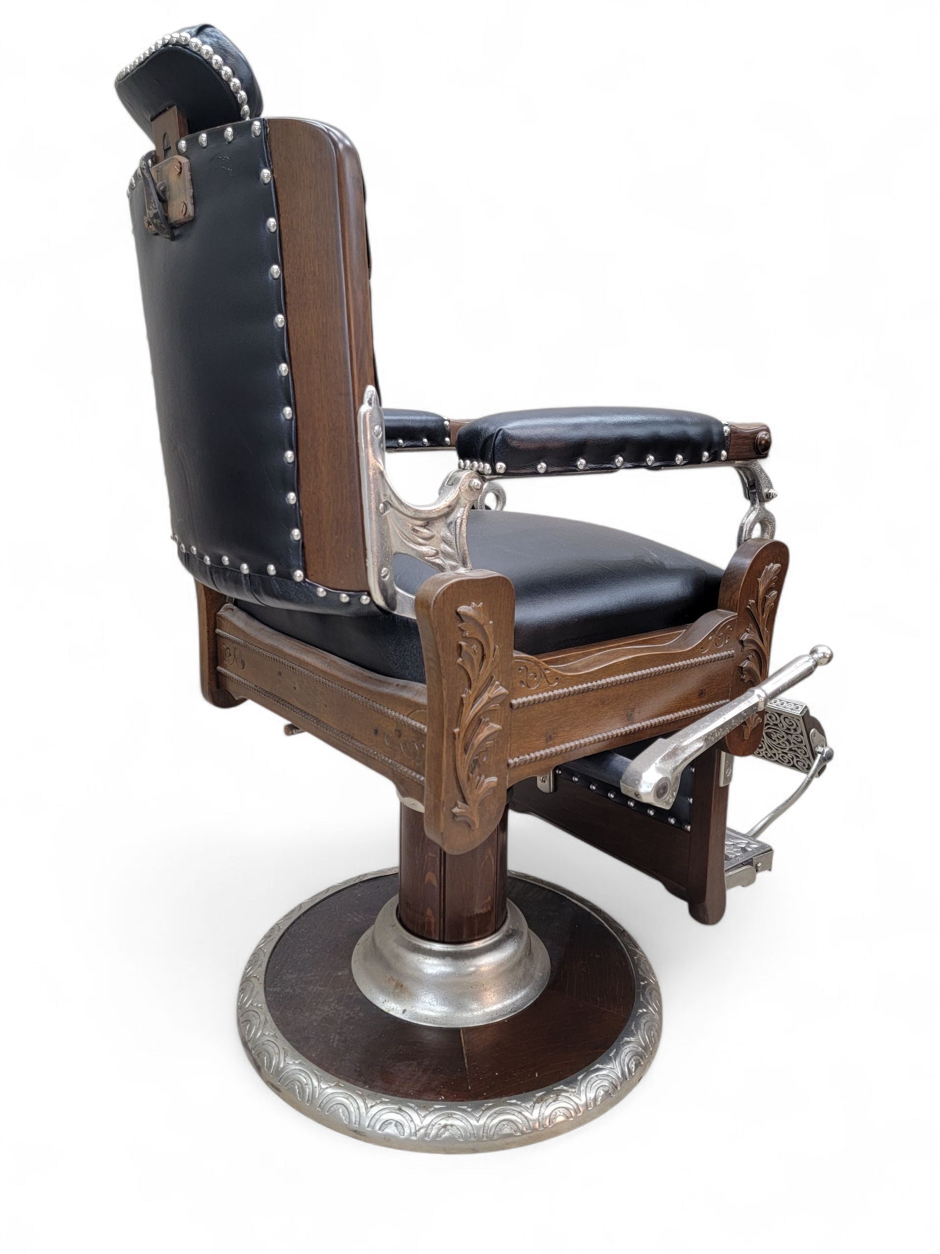 Antique Koken Restored Quartersawn Oak Barber Chairs in Black Leather – Set of 3