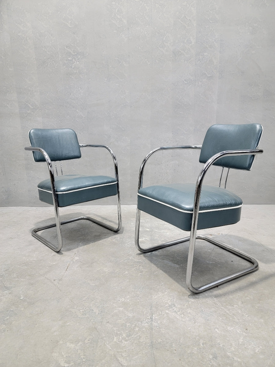 Art Deco Cantilever Chairs Attributed to Kem Weber for Lloyd’s Manufacturing Newly Upholstered in Holly Hunt Teal Metallic Full Grain Leather with White Trim - Pair