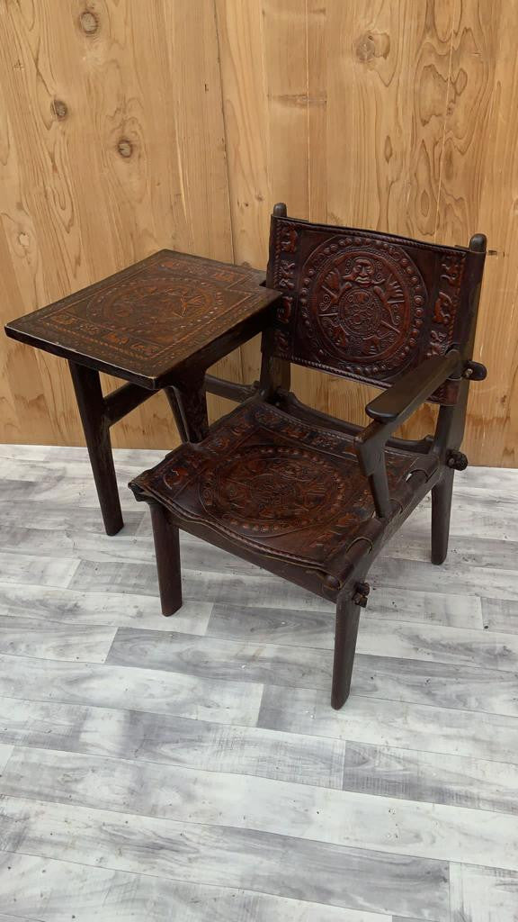 Vintage Tooled Leather Primitive Gossip Chair by Angel Pazmino