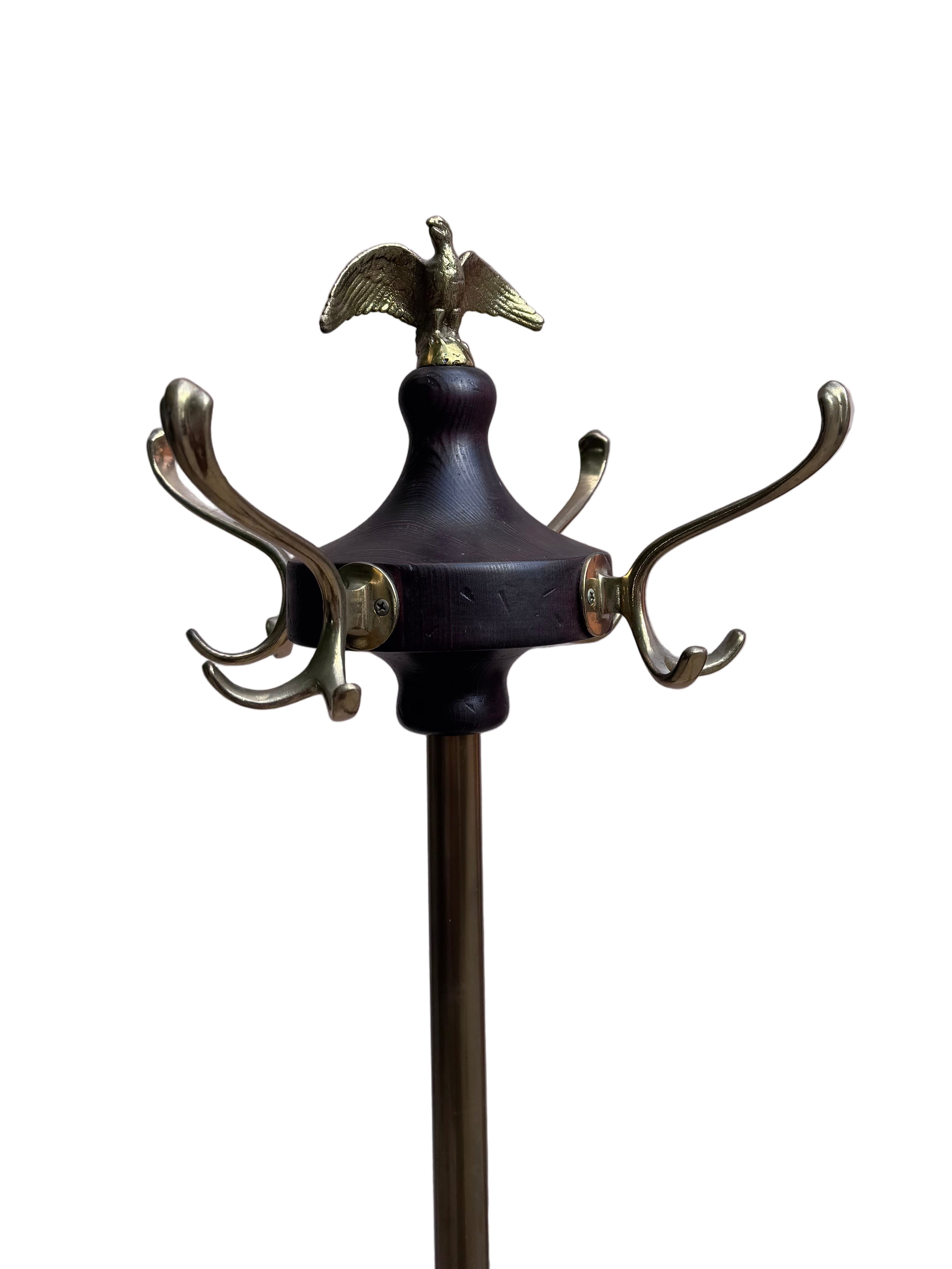 Antique Victorian Federal Style Brass, Wood and Wrought Iron Coat Rack with Eagle Finial