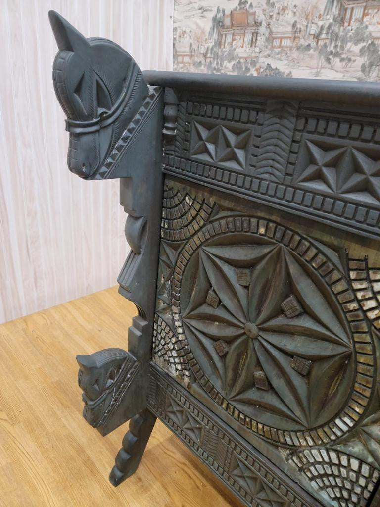 Vintage Chinese Ornate Carved Elmwood Sideboard with Horse Carvings and Carved Doors