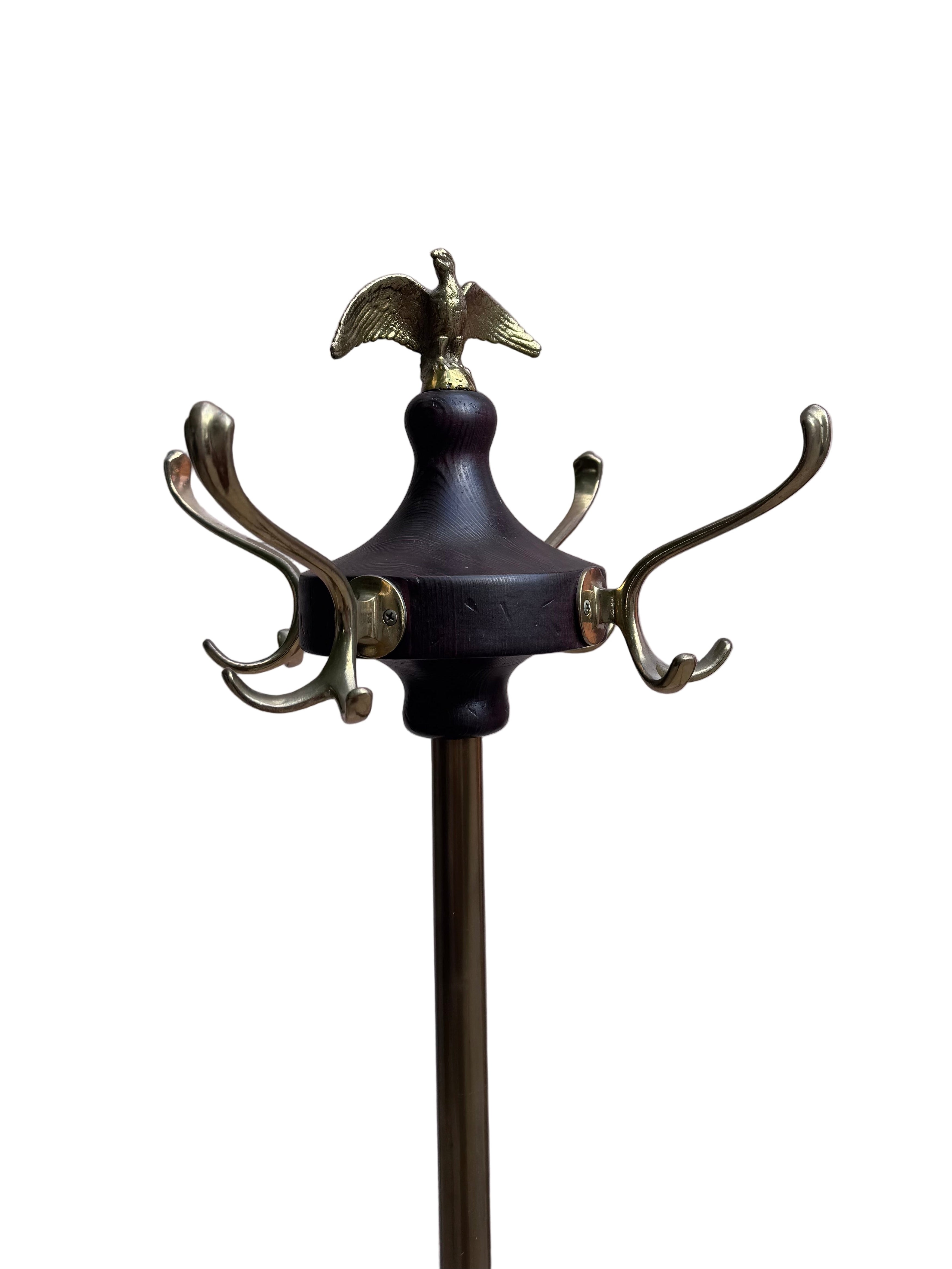 Antique Victorian Federal Style Brass, Wood and Wrought Iron Coat Rack with Eagle Finial