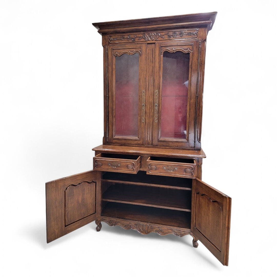 Antique French Provincial Carved Oak 2 Glass Door Display Storage Cabinet Buffet