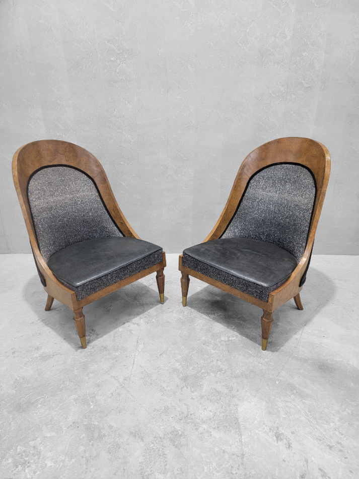 Vintage Biedermeier Style Burlwood Spoon-Back Slipper Chairs by Michael Taylor For Baker Furniture Co. - Set of 4