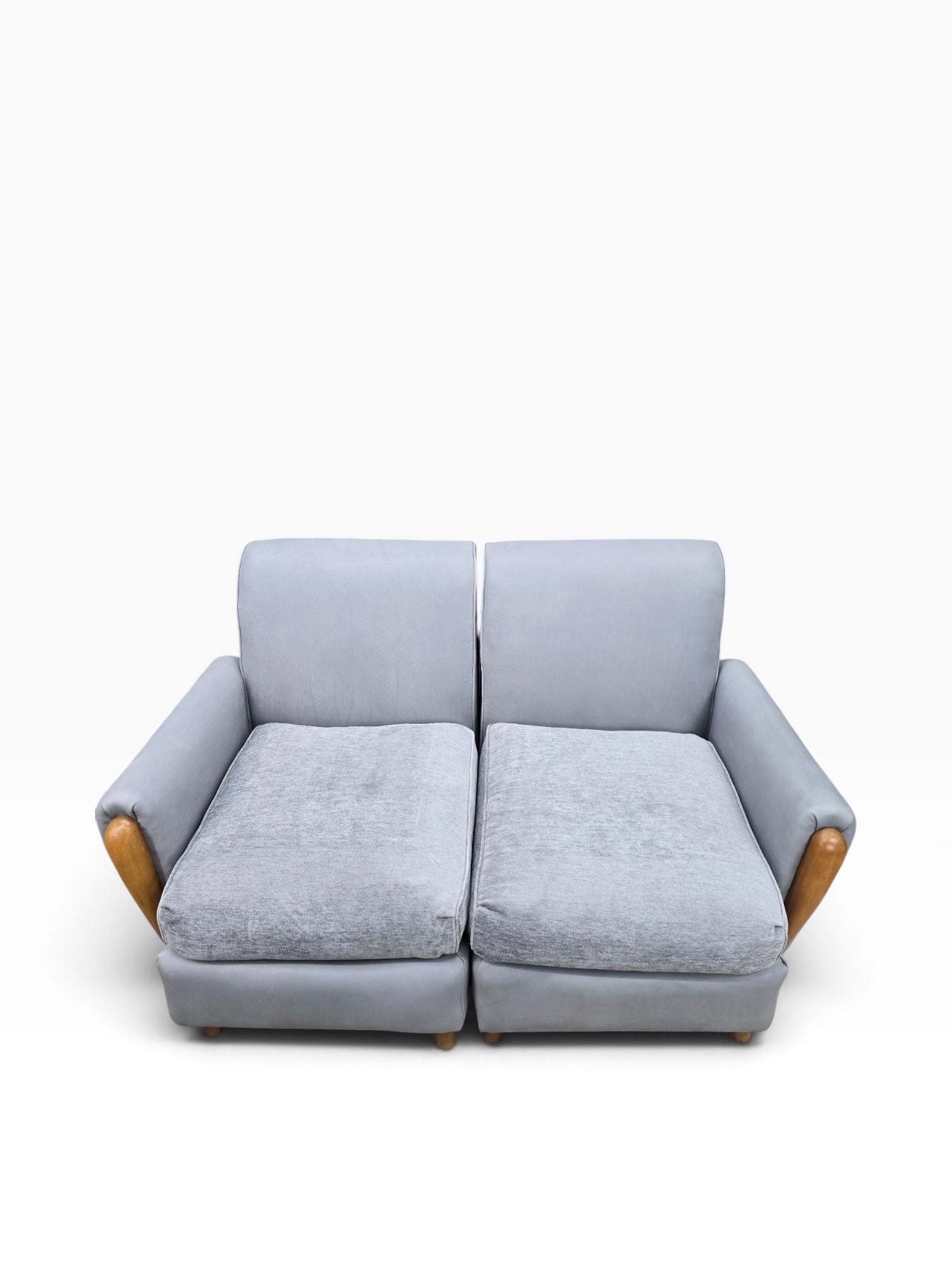 Mid Century Modern Heywood Wakefield Modular Sectional Sofa Newly Reupholstered in Powder Blue Holly Hunt Leather