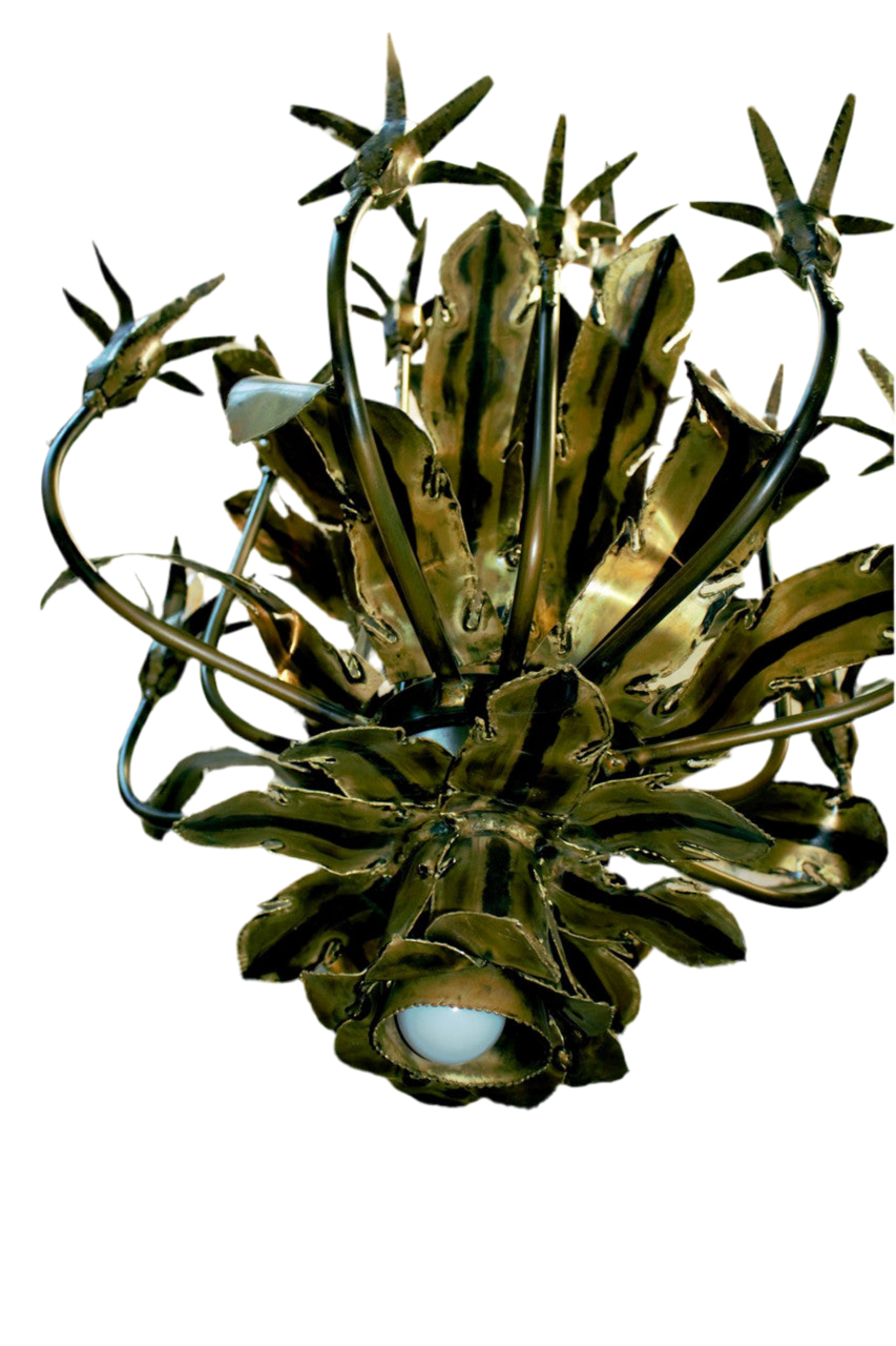 MCM Brutalist Style Torched Brass Chandelier by Tom Greene
