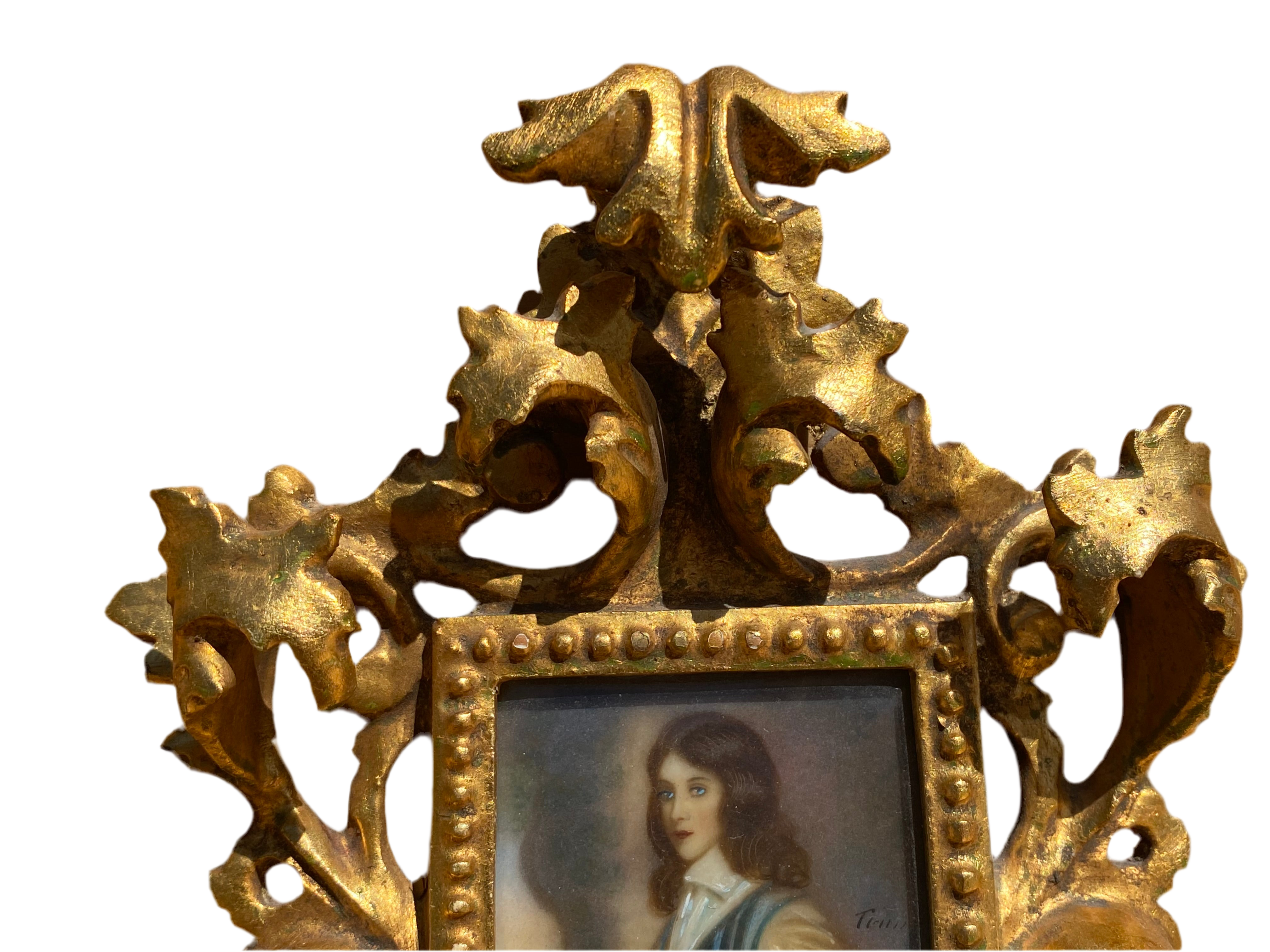 Antique Victorian Portrait on Hand-Painted Porcelain Plaque in a Carved Gilt Wood Frame - Set of 2
