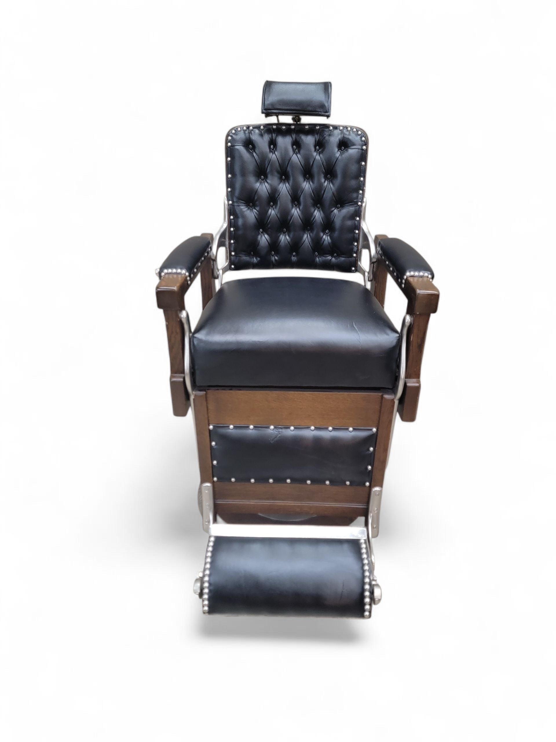 Antique Koken Restored Quartersawn Oak Barber Chairs in Black Leather – Set of 3