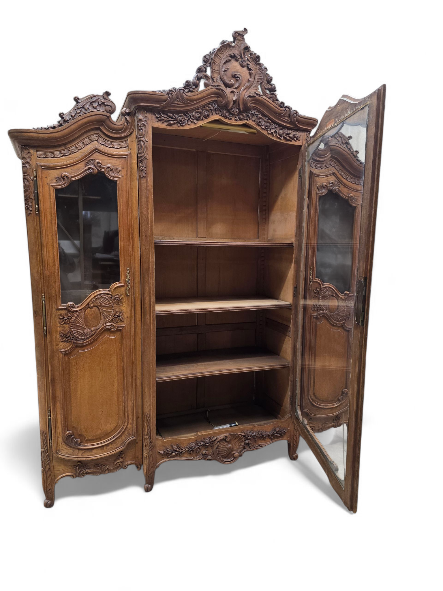 Antique French Louis XV Style Hand-Carved Walnut Vitrine Bookcase