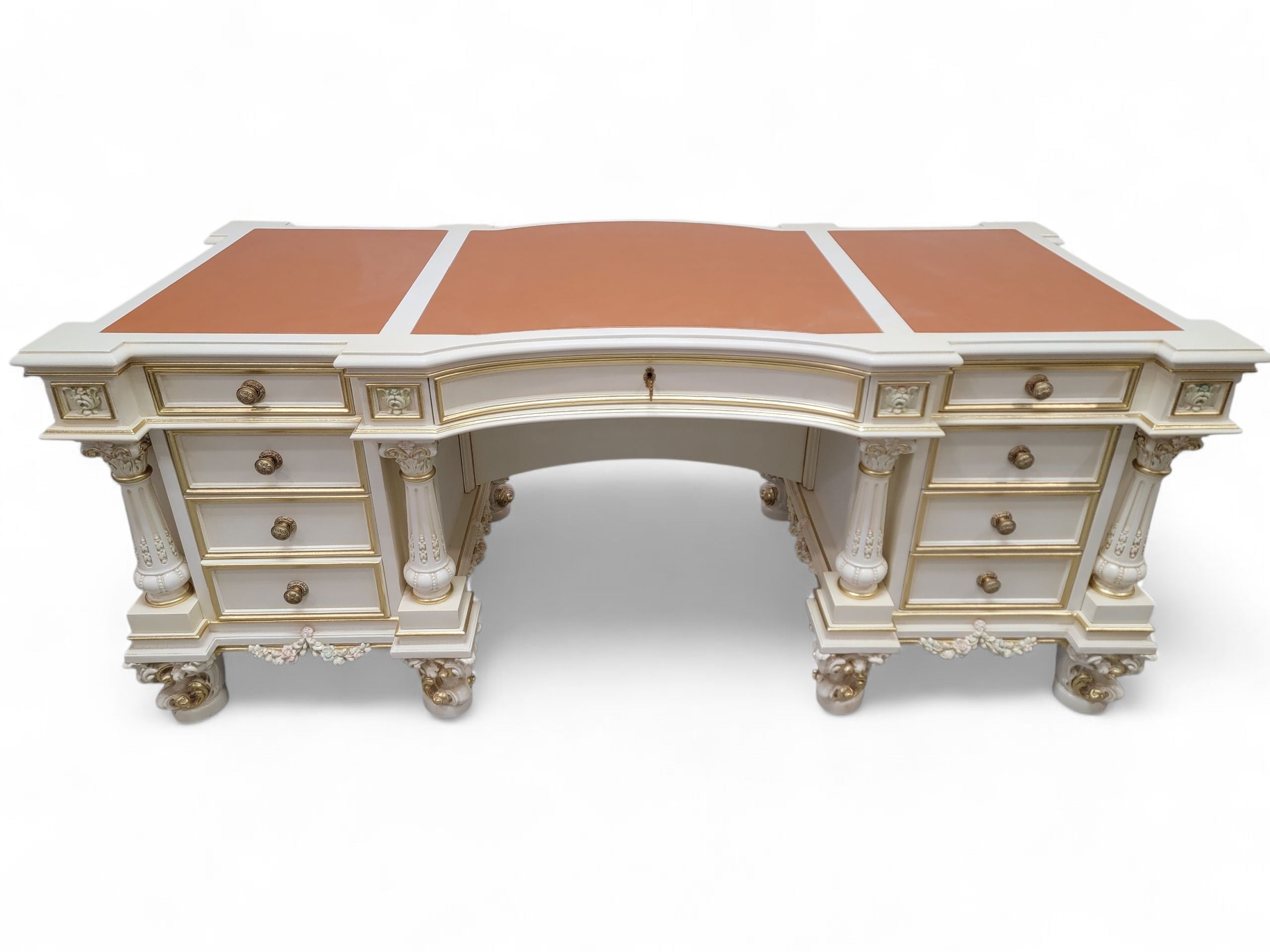 Vintage Custom Venetian Antique Rococo Style Antique White Carved Executive Desk