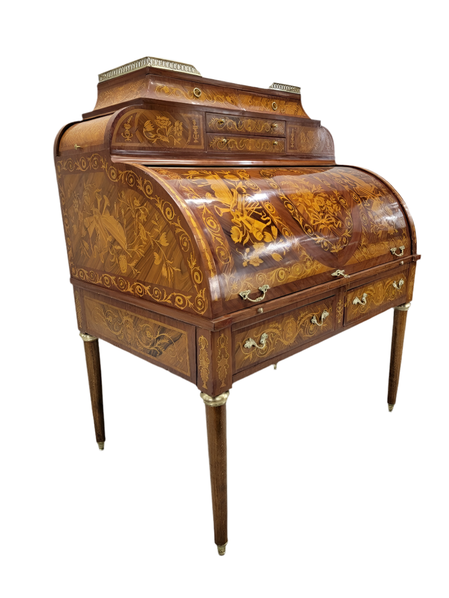 Antique Monumental French Regency Inlaid Brass Mounted Barrel Roll Top Cylinder Desk
