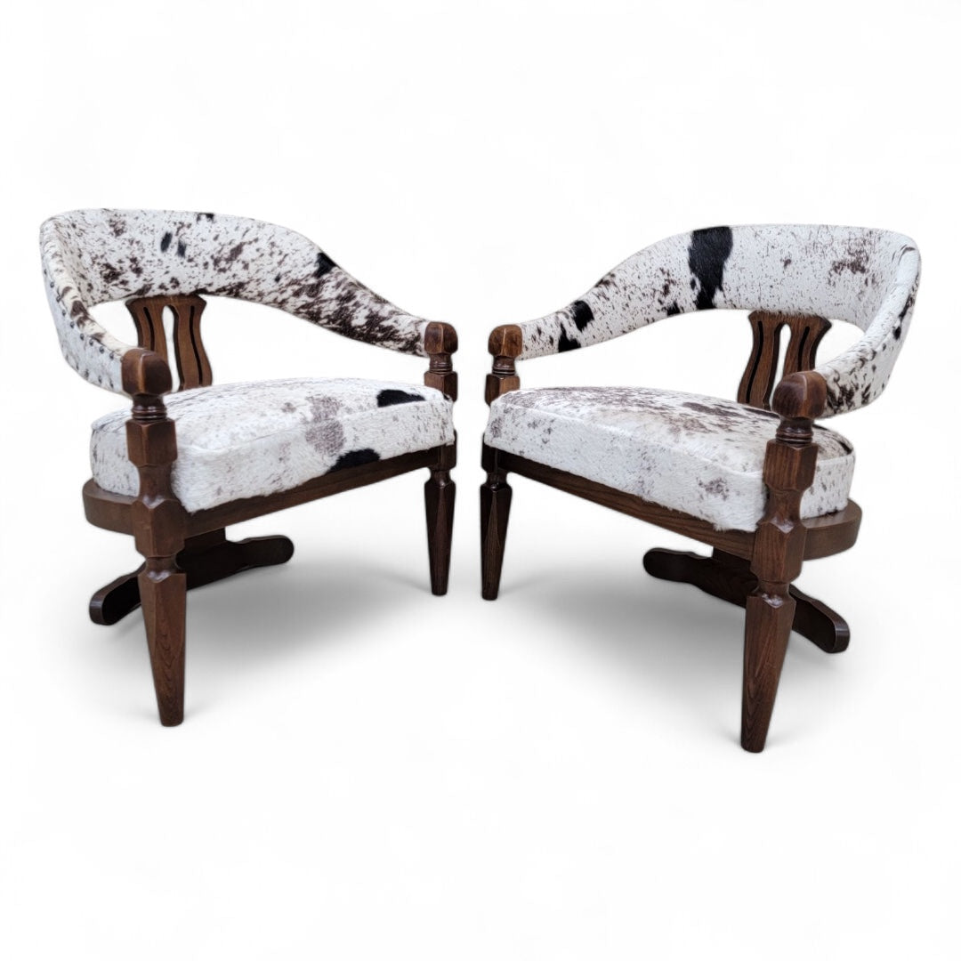 Modern Asian Inspired Carved Curved Back 3 Leg Dining Chairs Upholstered in Cowhide - Set of 4