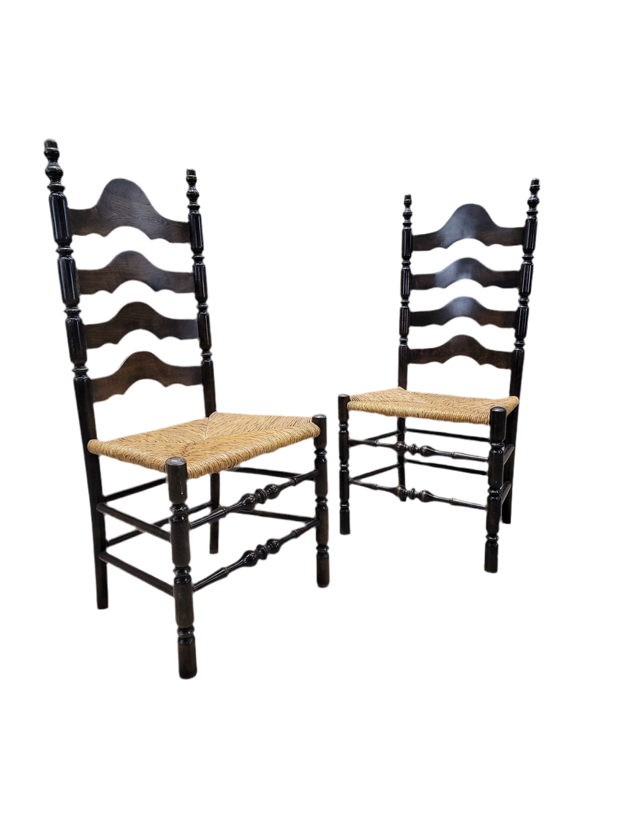 Vintage French Country Style Ladder Back Rush Seat Side Chairs - Pair