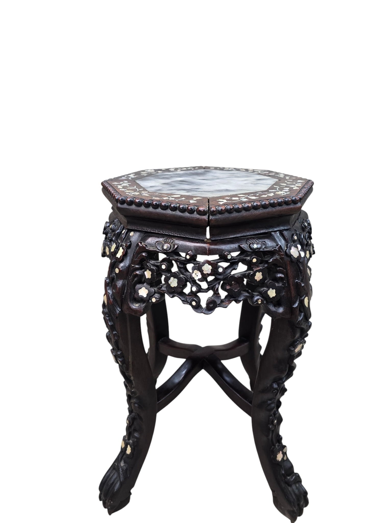 Antique Chinese Carved Hardwood Side Table with Marble Insert & Mother-of-Pearl Inlay