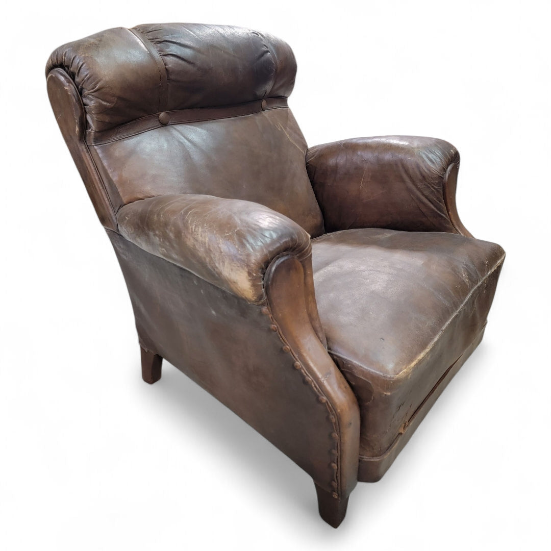French Art Deco Distressed Leather Lounge Club Chair