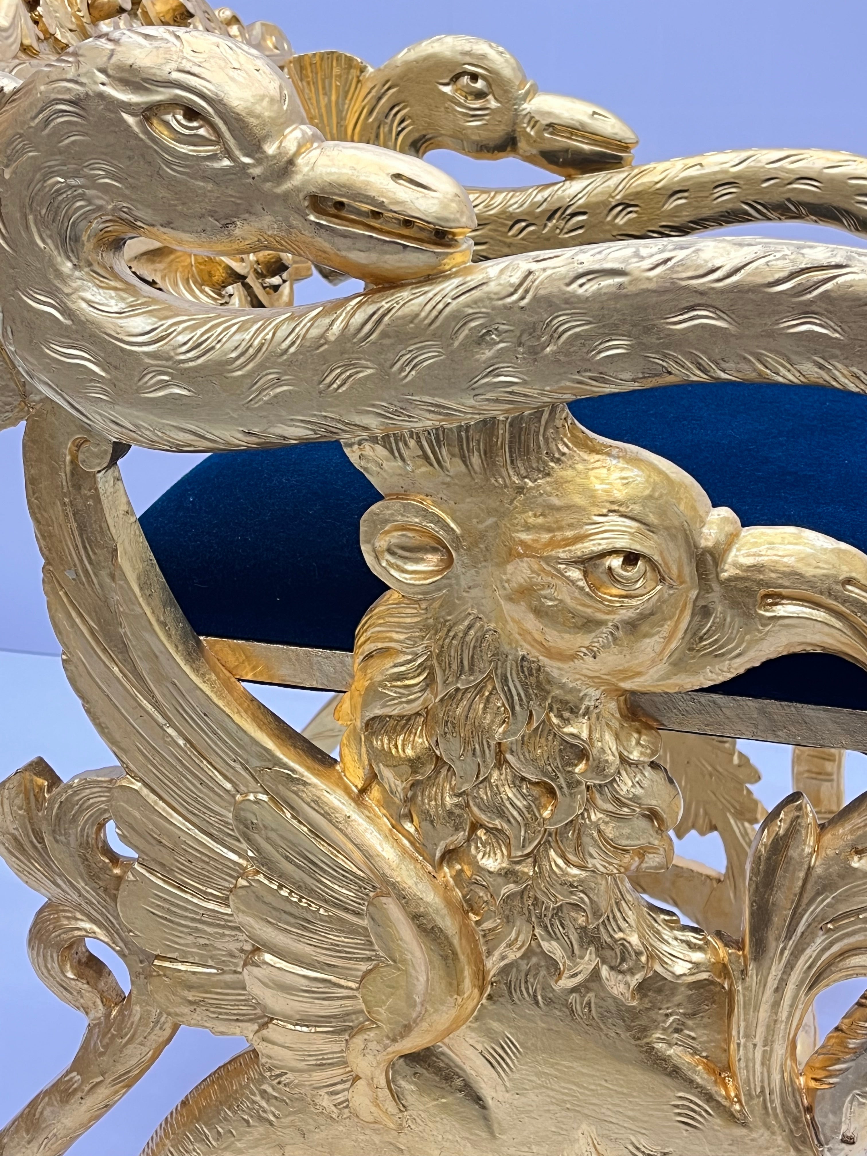 Antique Federal Style Carved Gold Gilt Swan and Eagle Carousel Bench Newly Reupholstered in Blue Mohair Seat