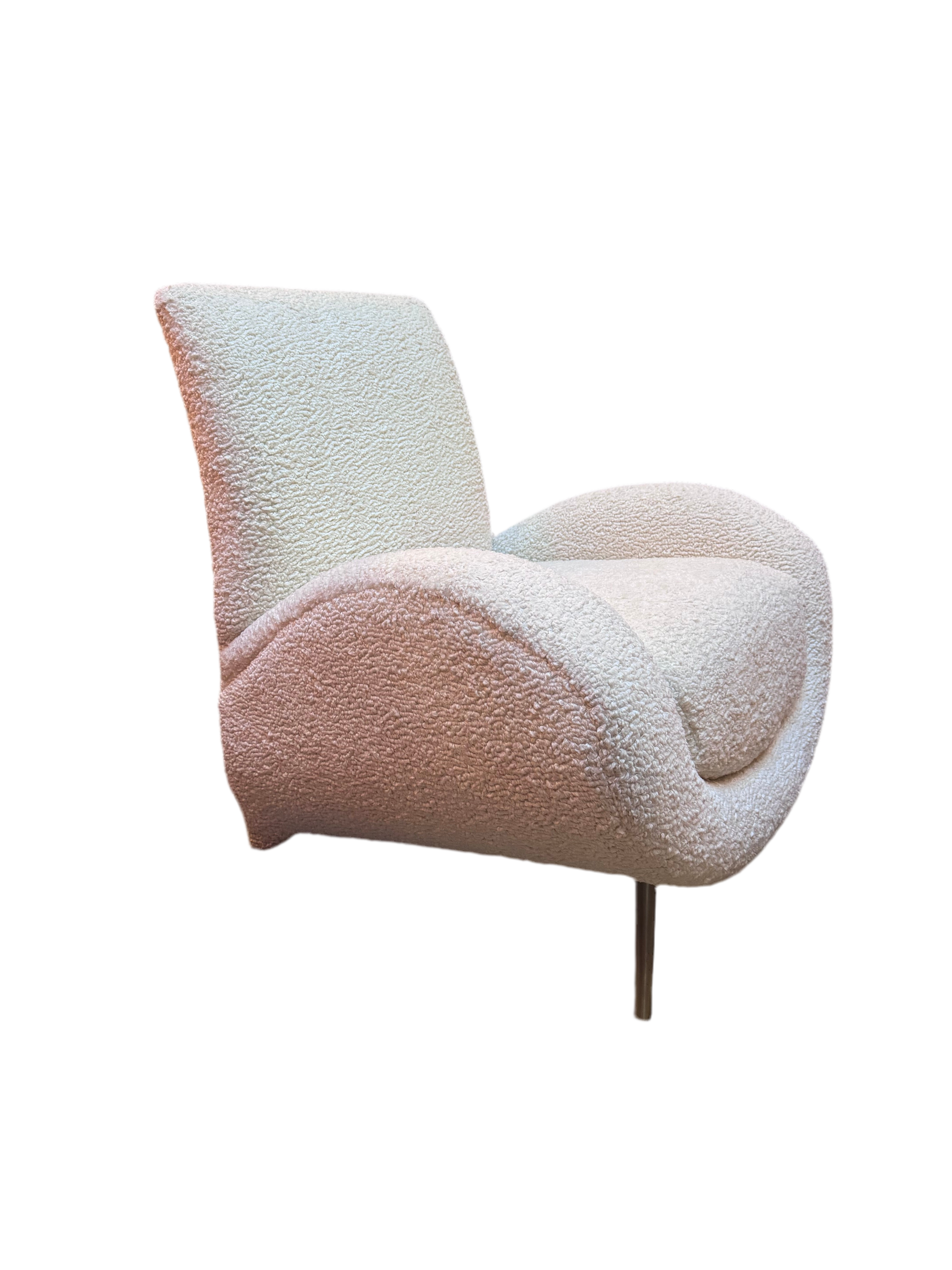 Mid Century Postmodern Italian Slant Back Club Chairs Newly Reupholstered in White Boucle - Pair