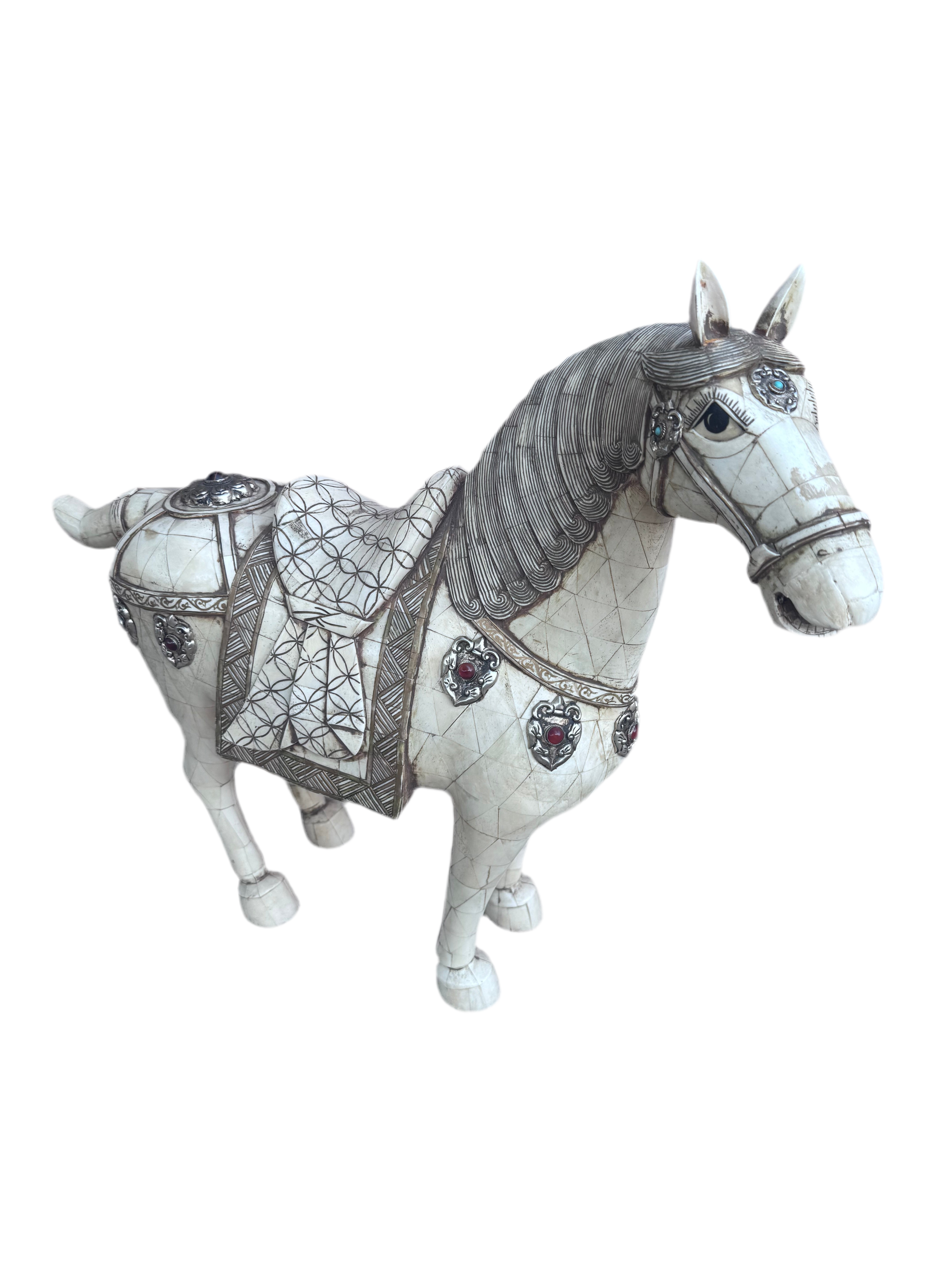 Vintage Tessellated Bone Tile Horse Statue