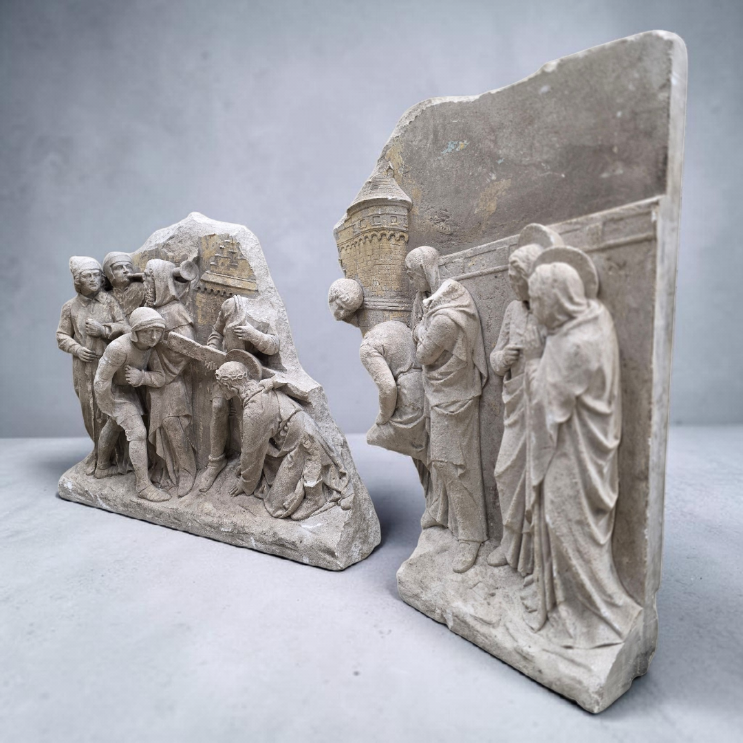 Antique Monumental European "Stations of The Cross" Stone Relief Panels — Pair