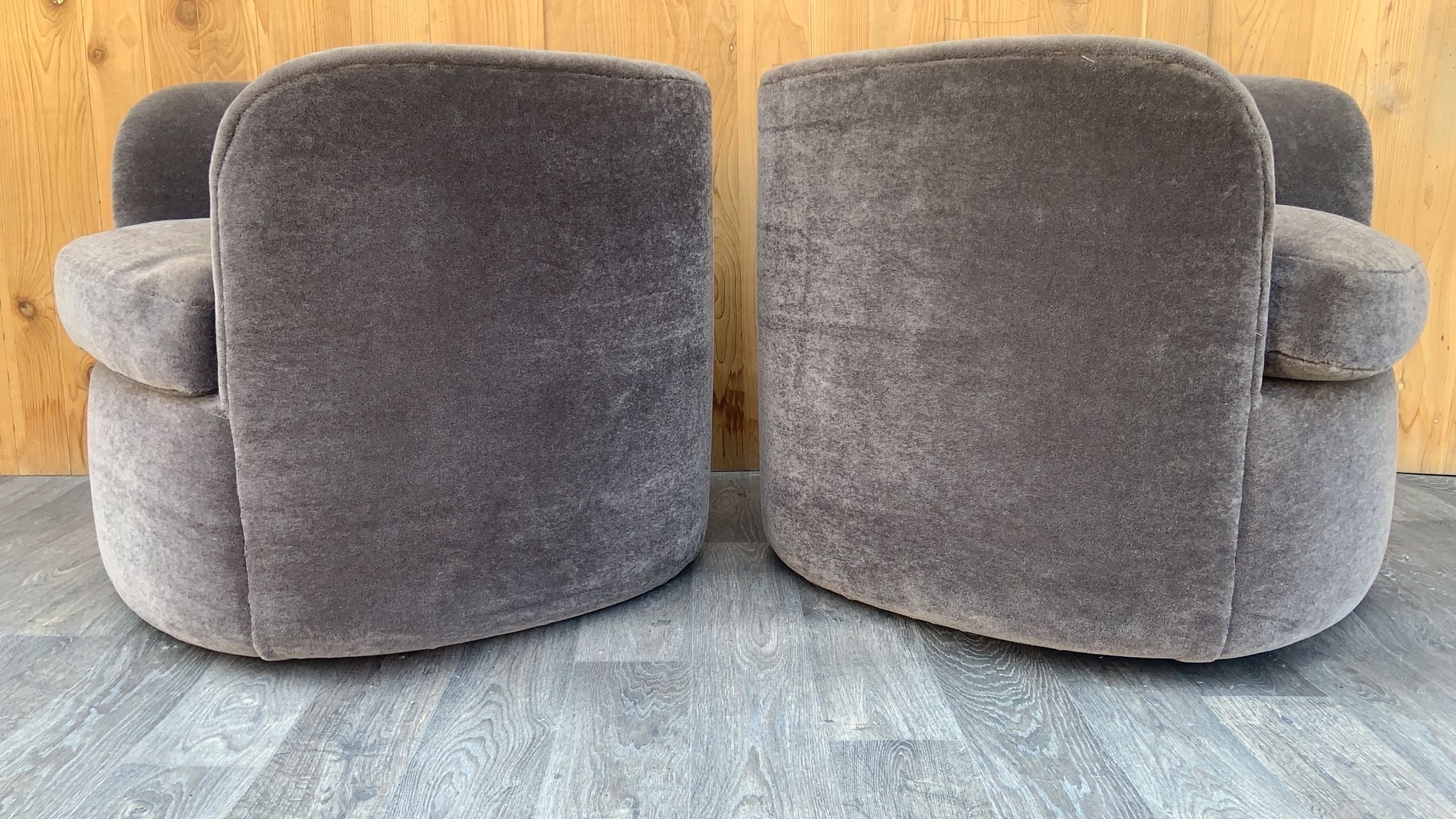 Mid Century Modern Faudet-Harrison Designed Continuous Swivel Tub Lounges for SCP England Newly Upholstered Grey Mohair - Pair