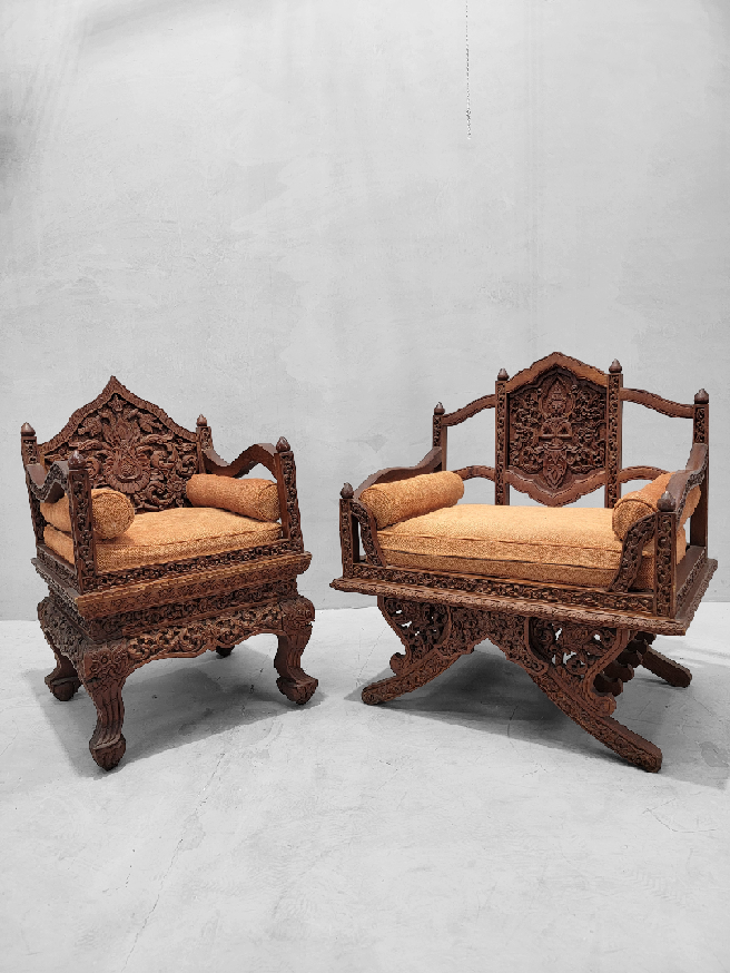 Vintage Thai Howdah Carved Ornate Accent Chairs - Set of 2